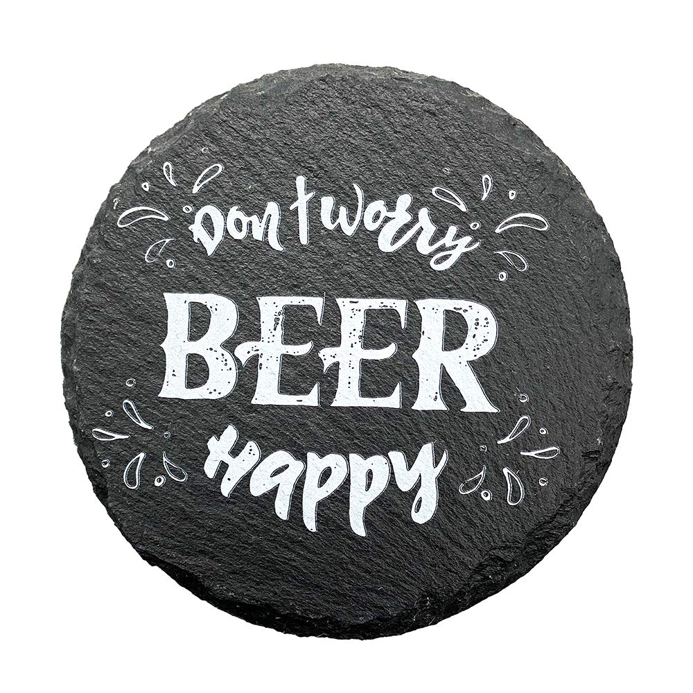 Petite Lili Black Round Natural Slate Funny Coaster, Don'T Worry Be Happy, Set Of 4 Housewarming ,Man Cave, ,Living Room Decorat