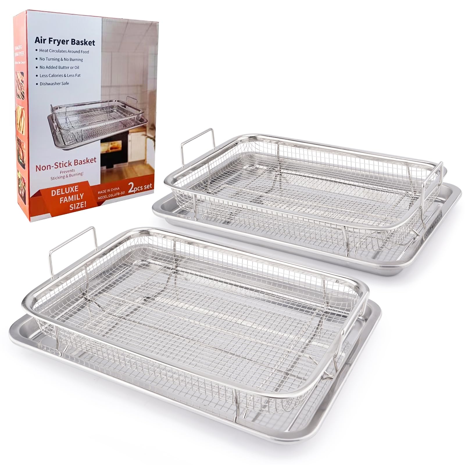 2 Pack Air Fryer Basket For Oven, 12.8''X9.6''Large Air Fryer Basket And Tray Stainless Steel Oven Air Fryer Pan Rack For Cookin