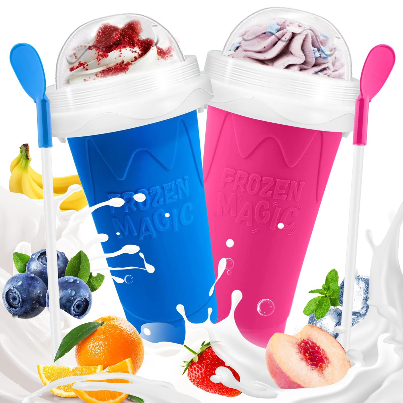 FANS-ONE Slushie Cup, 2 Pack Slushy Maker Cup, Frozen Magic Squeeze Cups for Juice Milk Yogurt Ice Cream Make, DIY Smoothie Cool