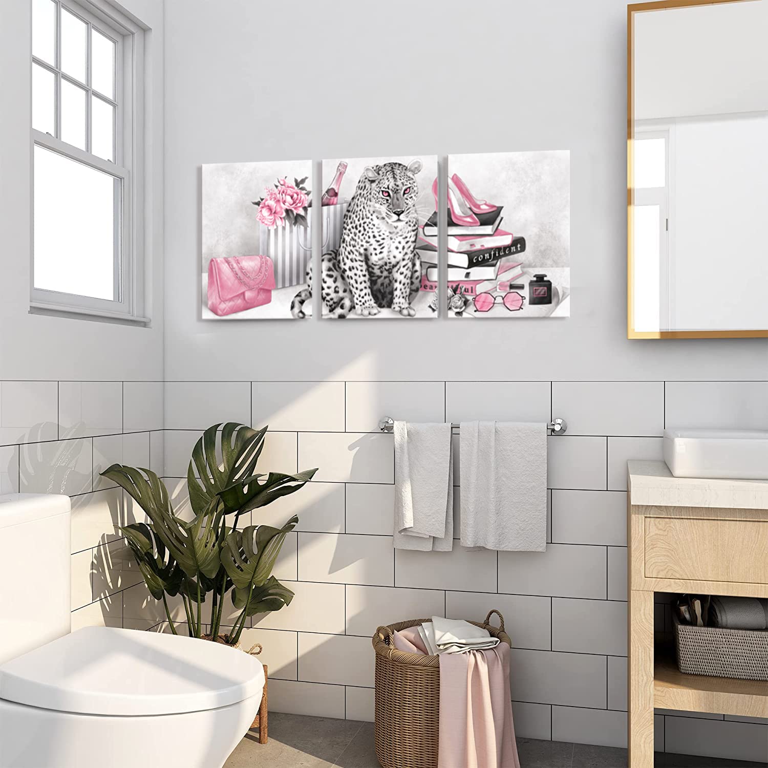 Visual Art Decor Glam Fashion Picture Pink Blush Wall Art Leopard Books High Heel Shoes Perfume Canvas Prints For Modern Home Of