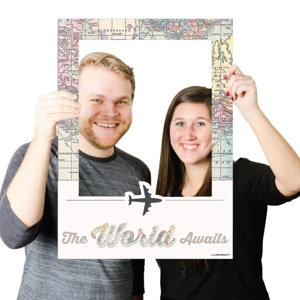 Big Dot Of Happiness World Awaits - Travel Themed Party Selfie Photo Booth Picture Frame & Props - Printed On Sturdy Material