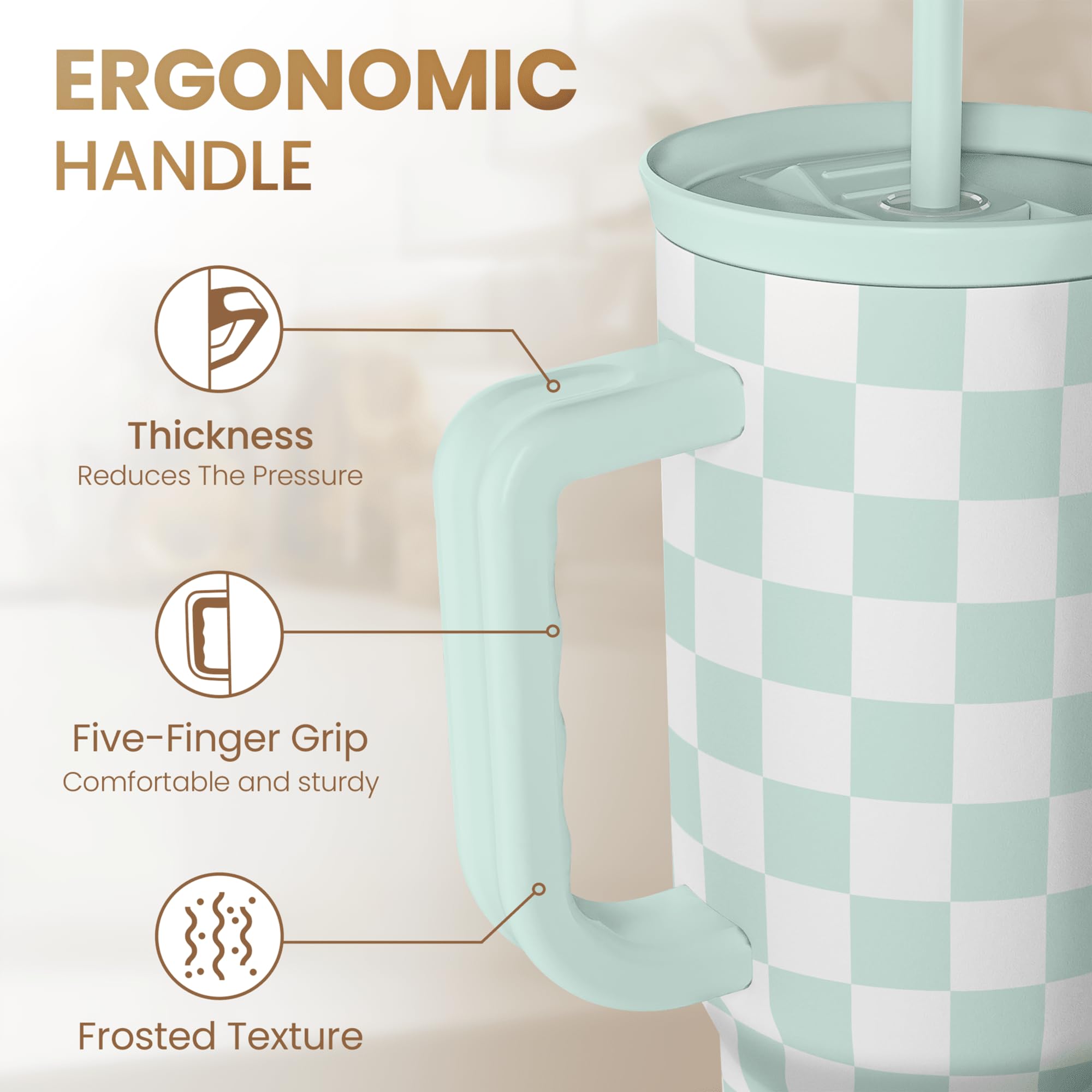 SANDJEST Checkered Tumbler with Handle 40oz, Mint Checker Cup Stainless Steel Insulated Tumblers Coffee Travel Mug Cups with Str