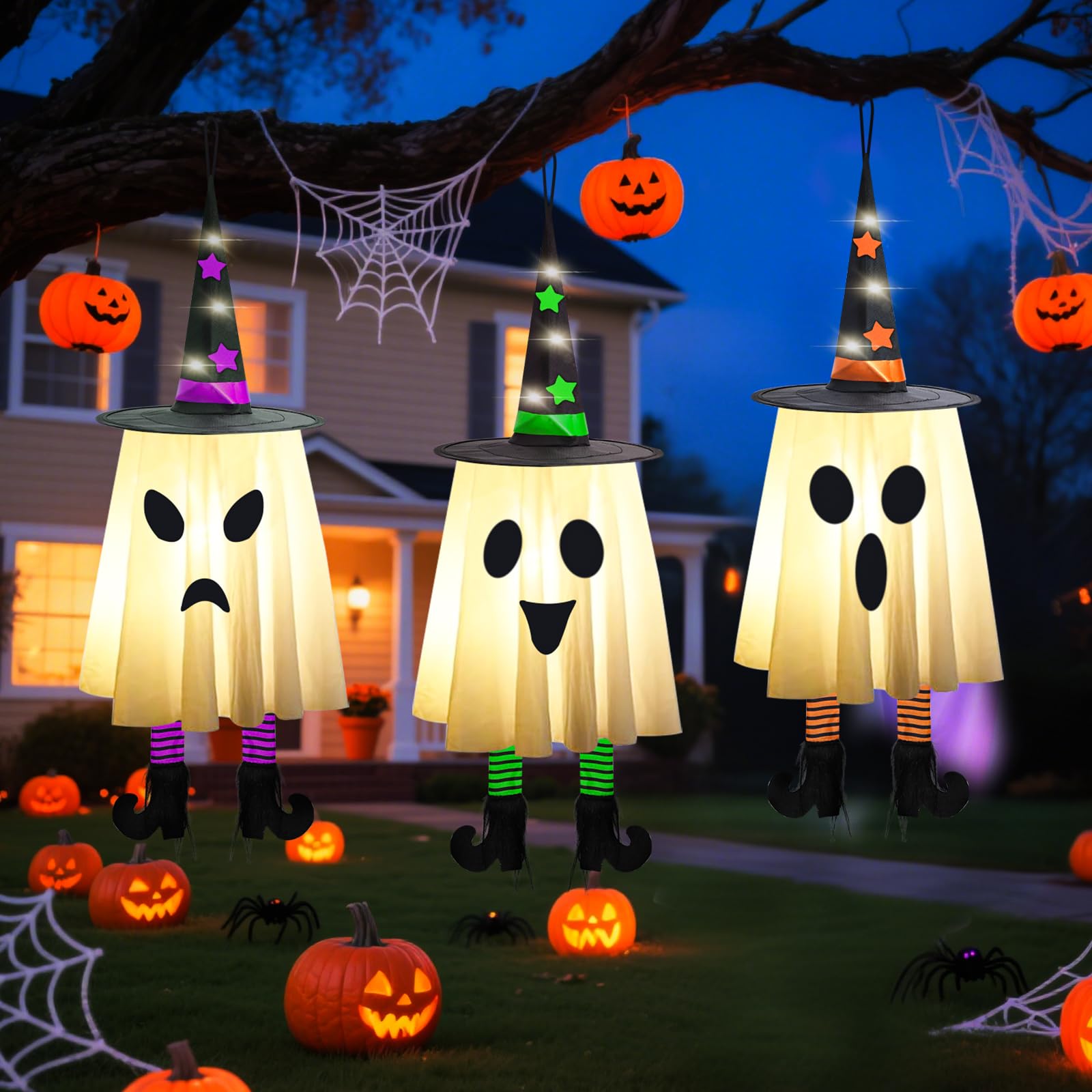 3 PCS Glowing Halloween Hanging Ghosts with Witch Hats,Halloween Outdoor Decor for Yard, Patio, Garden & Trees