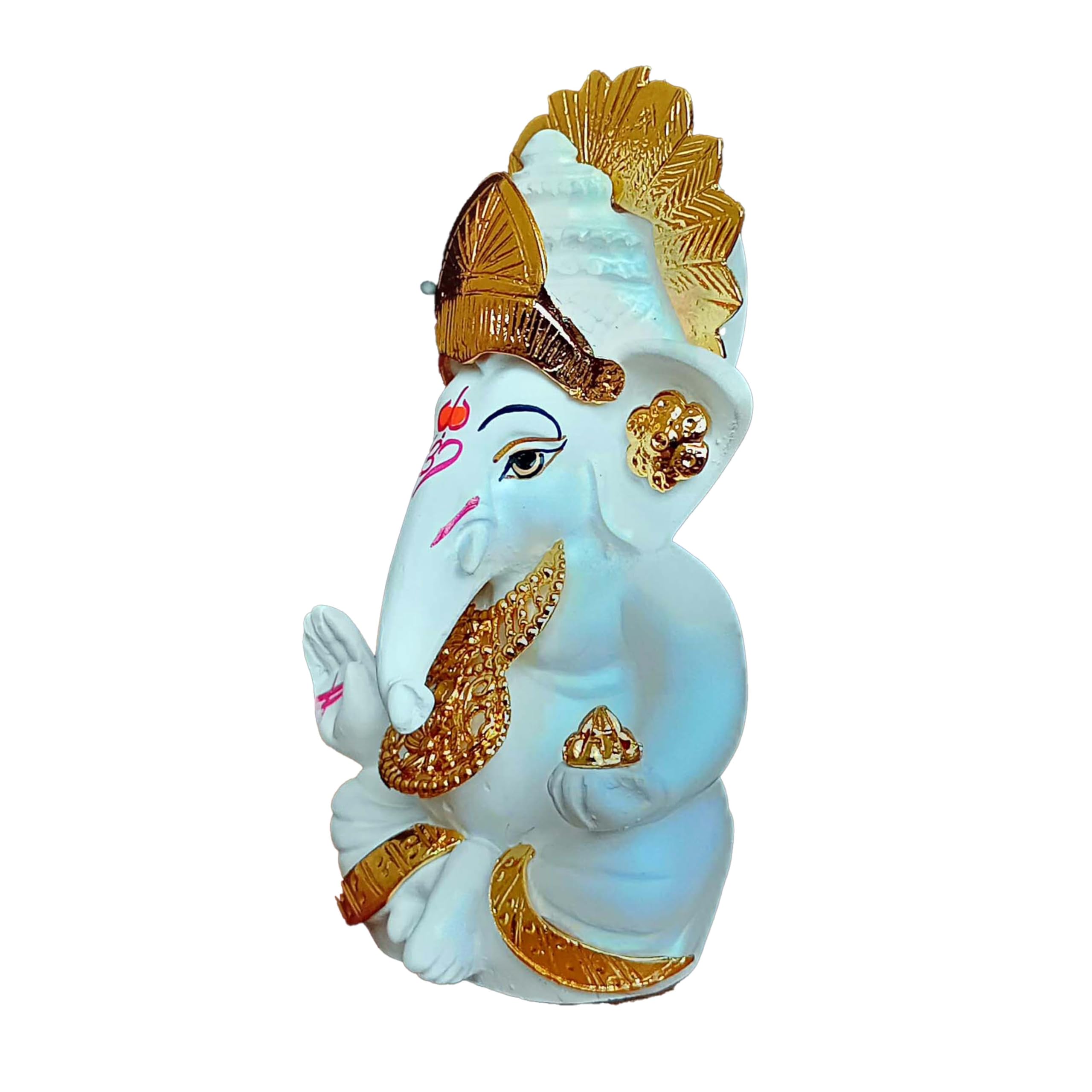 24K Gold Plated Jewellery White Lord Ganesha In Gold Crown, | Idol For Car Dashboard | Decorative Showpiece For Gifting | Ganesh