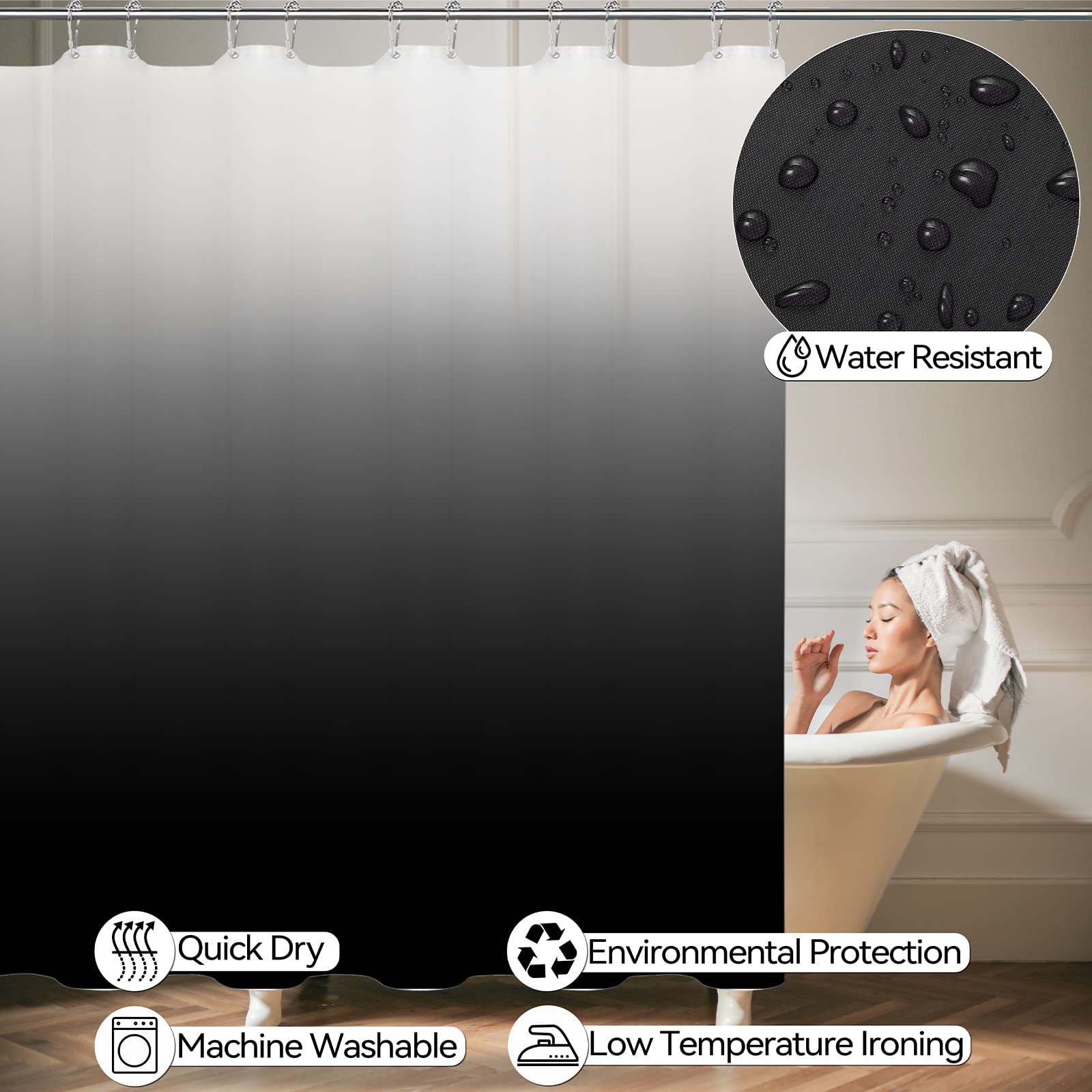 Bathroom Accessory Set - Bathroom Sets With Shower Curtain, Black Ombre Waterproof Shower Curtain With Stainless Steel Hooks, Ba
