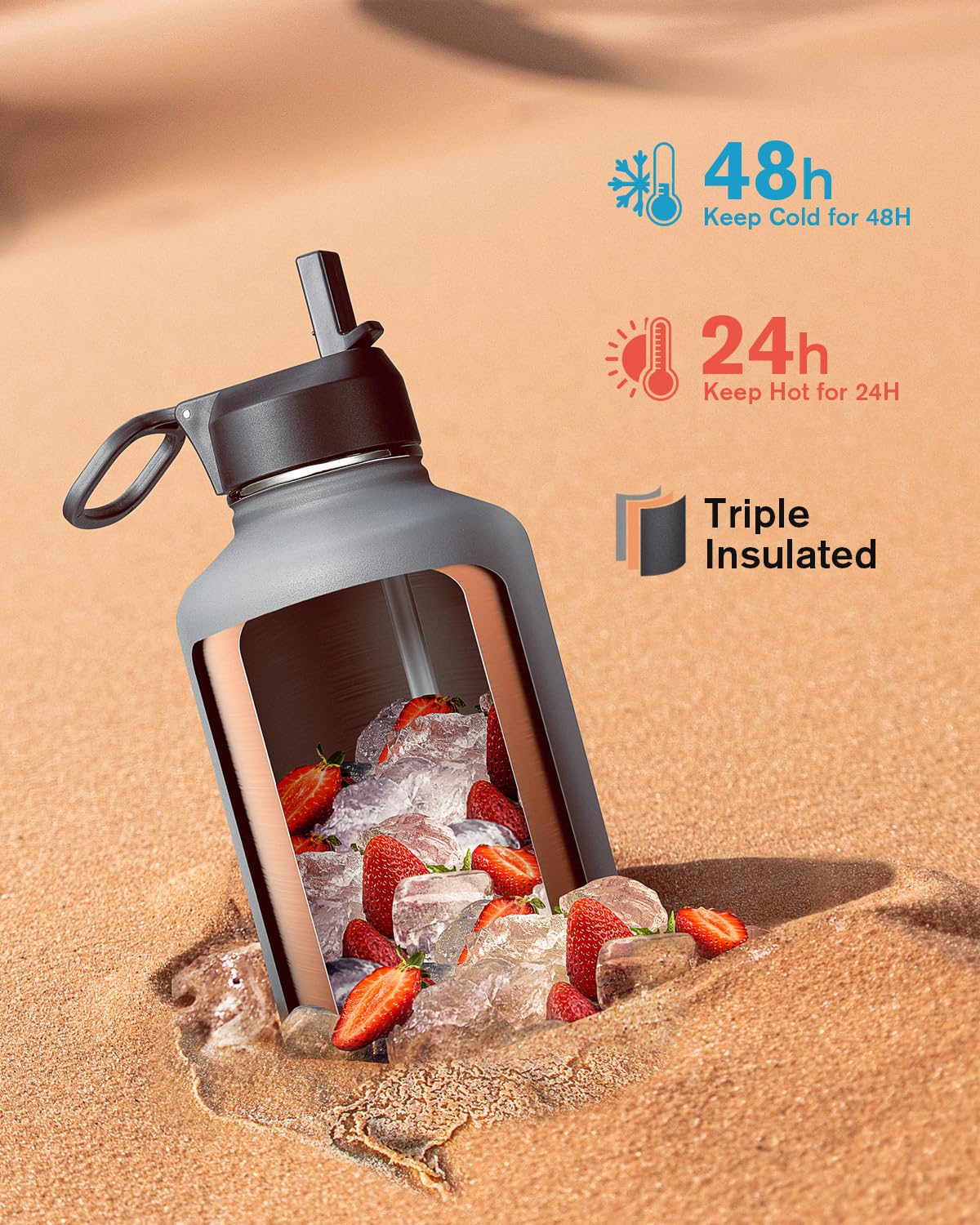 Coolflask 64 Oz Insulated Water Bottle With Straw & 3 Lids, Half Gallon Water Jug Large Metal Stainless Steel Wide Mouth For Spo