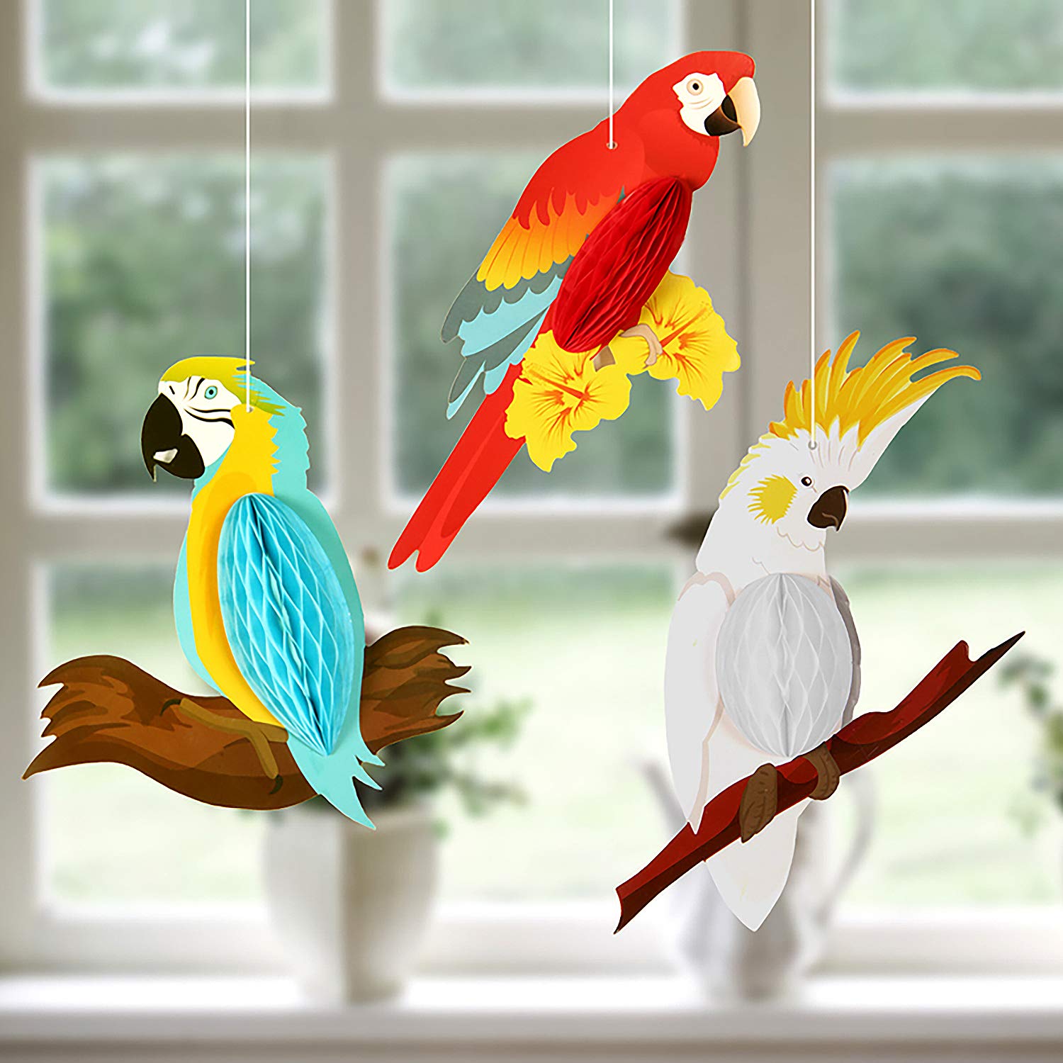Tuparka 6 Pieces Tropical Birds Honeycomb Parrot Hawaiian Summer Beach Tiki Bar Luau Party Home Classroom Hanging Decorations(Pa