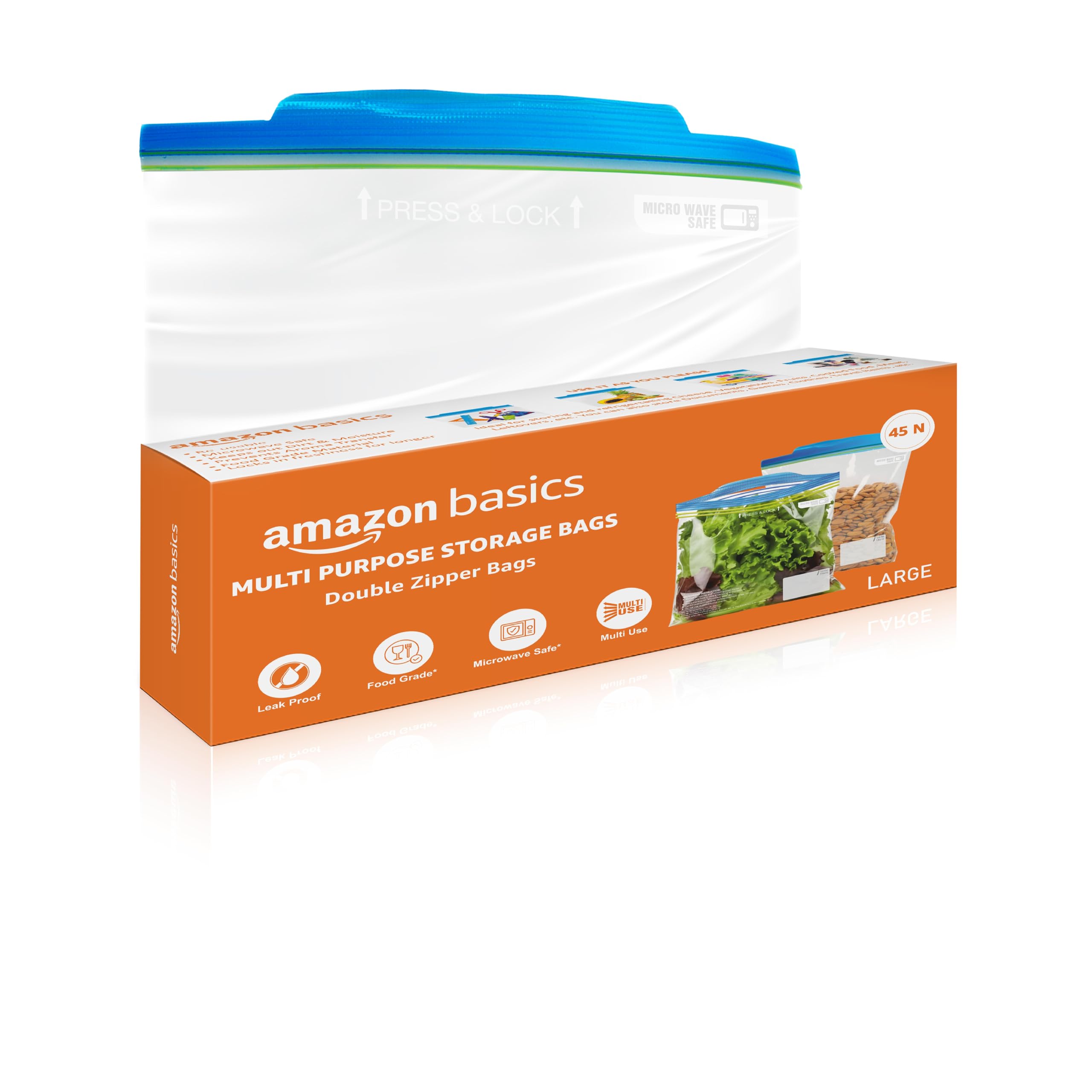 Amazon Basics  Multipurpose Zip Lock Storage Bags | 45 Count | Large | 31 X 35 Cm | Reusable And Reclosable With Double Zipper 