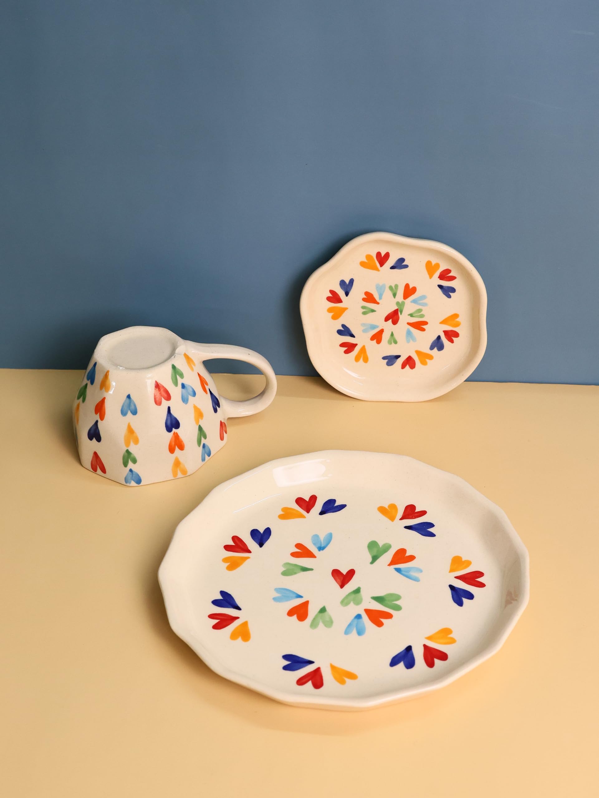 Weaving Homes Handcrafted Ceramic #Loveislove Coffee Mug, Snack & Dessert Plates - Set Of Three, Ceramic Mug & Plate, Serveware,