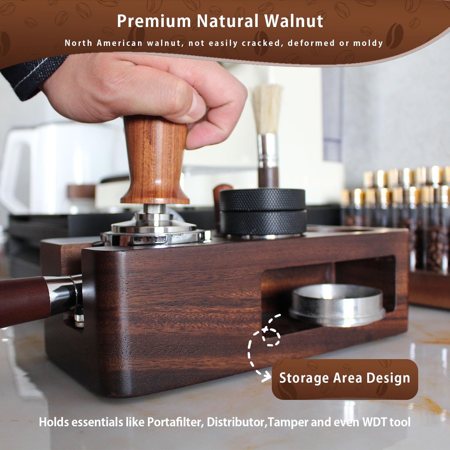 Carfeel Espresso Tamping Station, Walnut Non-slip Tamper Holder, Fits 51-54mm Portafilter, Multifunctional, Durable Design