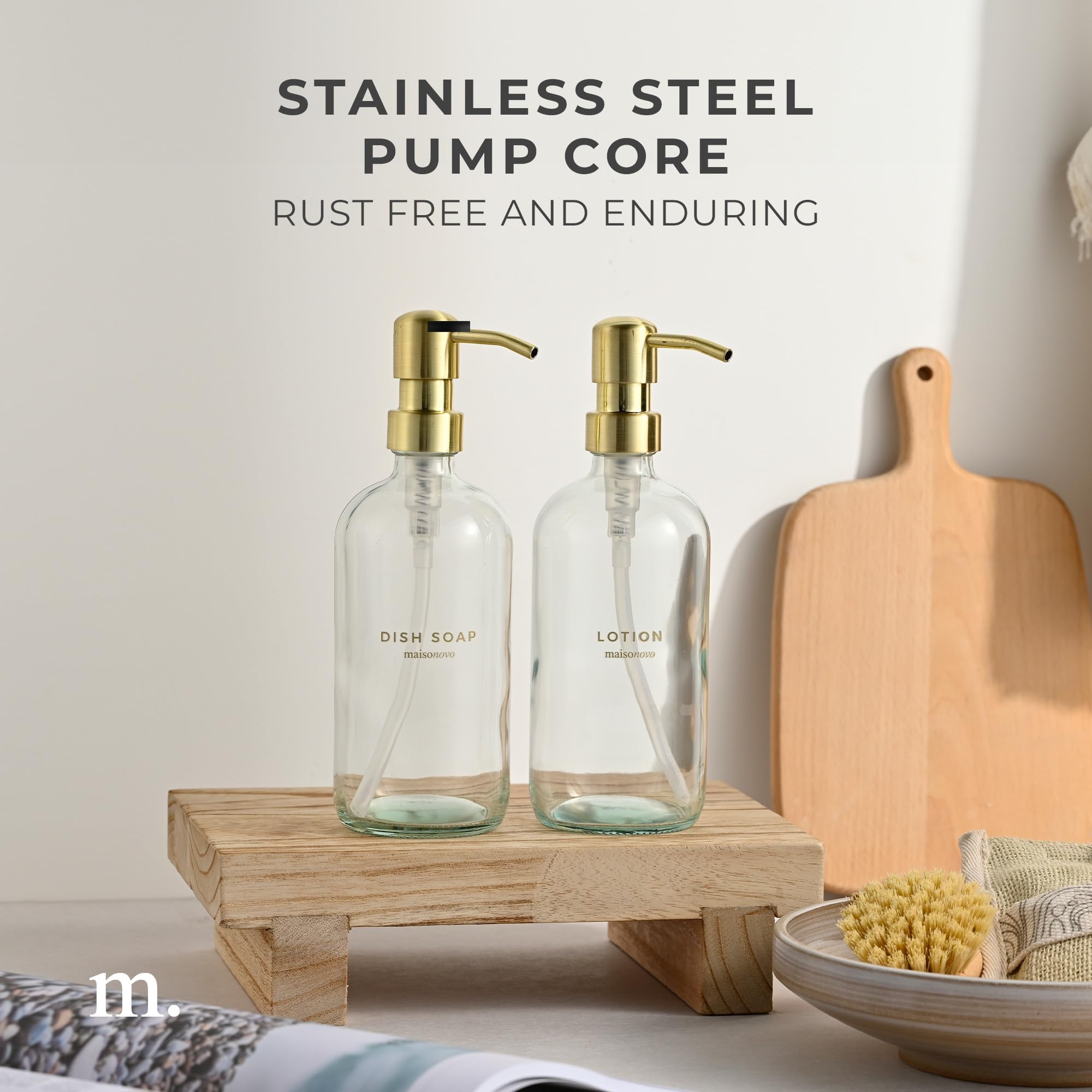 Maisonovo Bathroom Soap And Lotion Dispenser Set | 16.9 Fl Oz Clear Glass Gold Pumps X 2