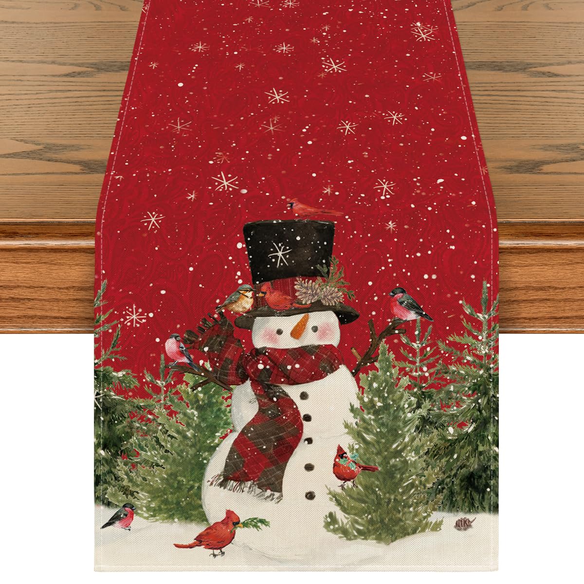 Artoid Mode Snowman Trees Snowflakes Christmas Table Runner, Seasonal Winter Xmas Holiday Kitchen Dining Table Decoration For In