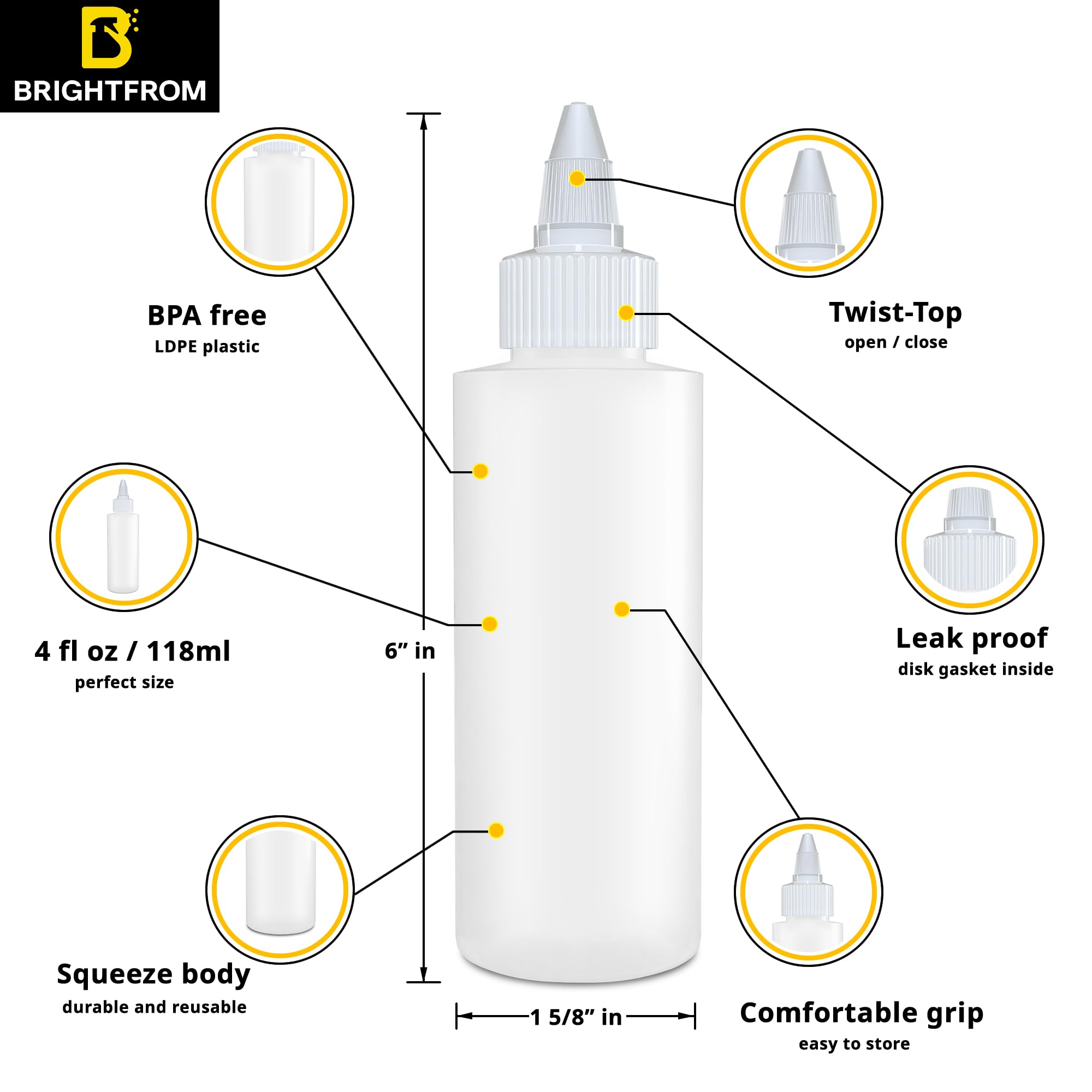 Brightfrom Condiment Squeeze Bottles, 4 Oz Empty Squirt Bottle With Twist Top Cap, Leak Proof - Great For Ketchup, Mustard, Syru