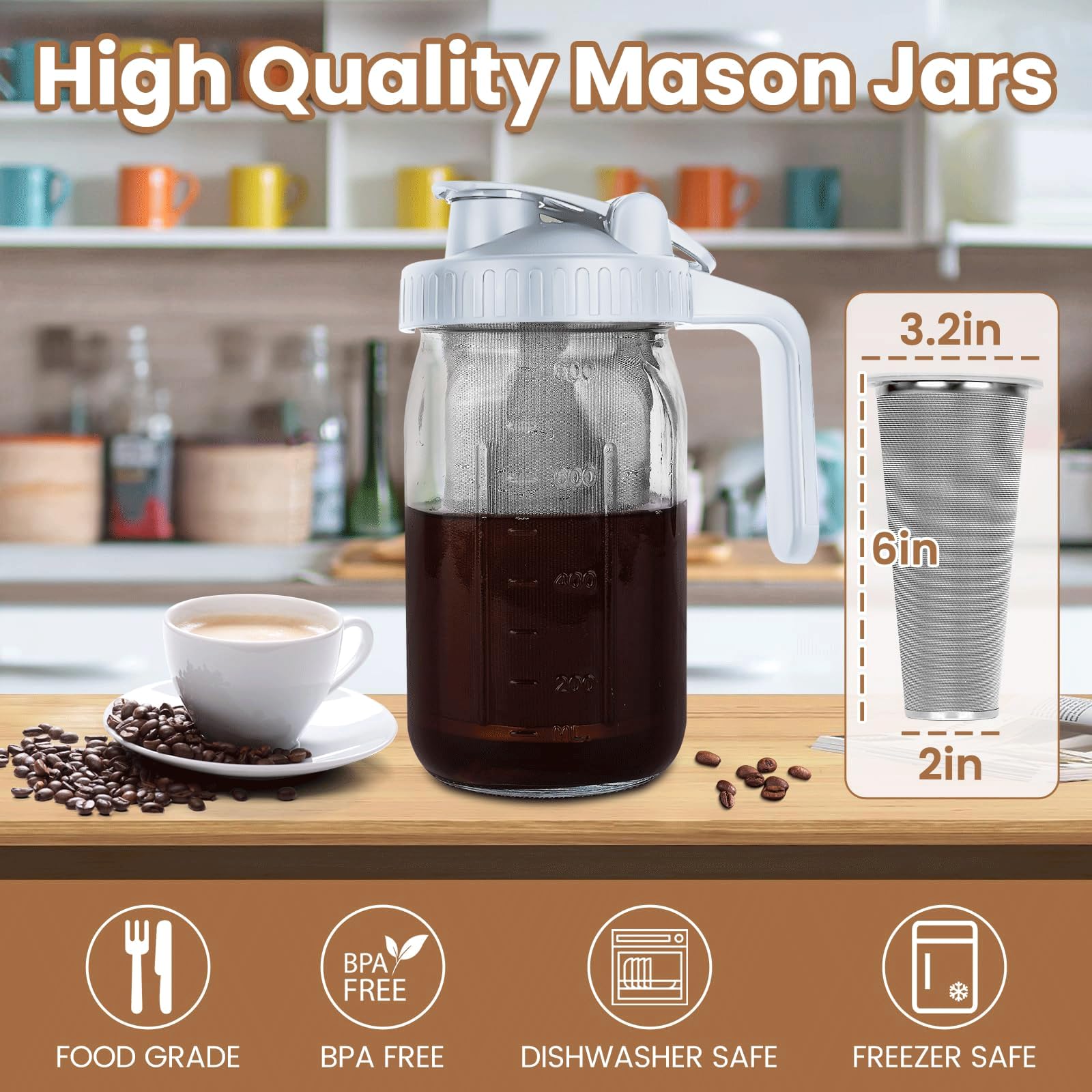 QHH Cold Brew Coffee Maker, 32 oz Glass Pitcher with Stainless Steel Filter, Gray, Airtight & Leak-Proof for Iced Coffee & Tea