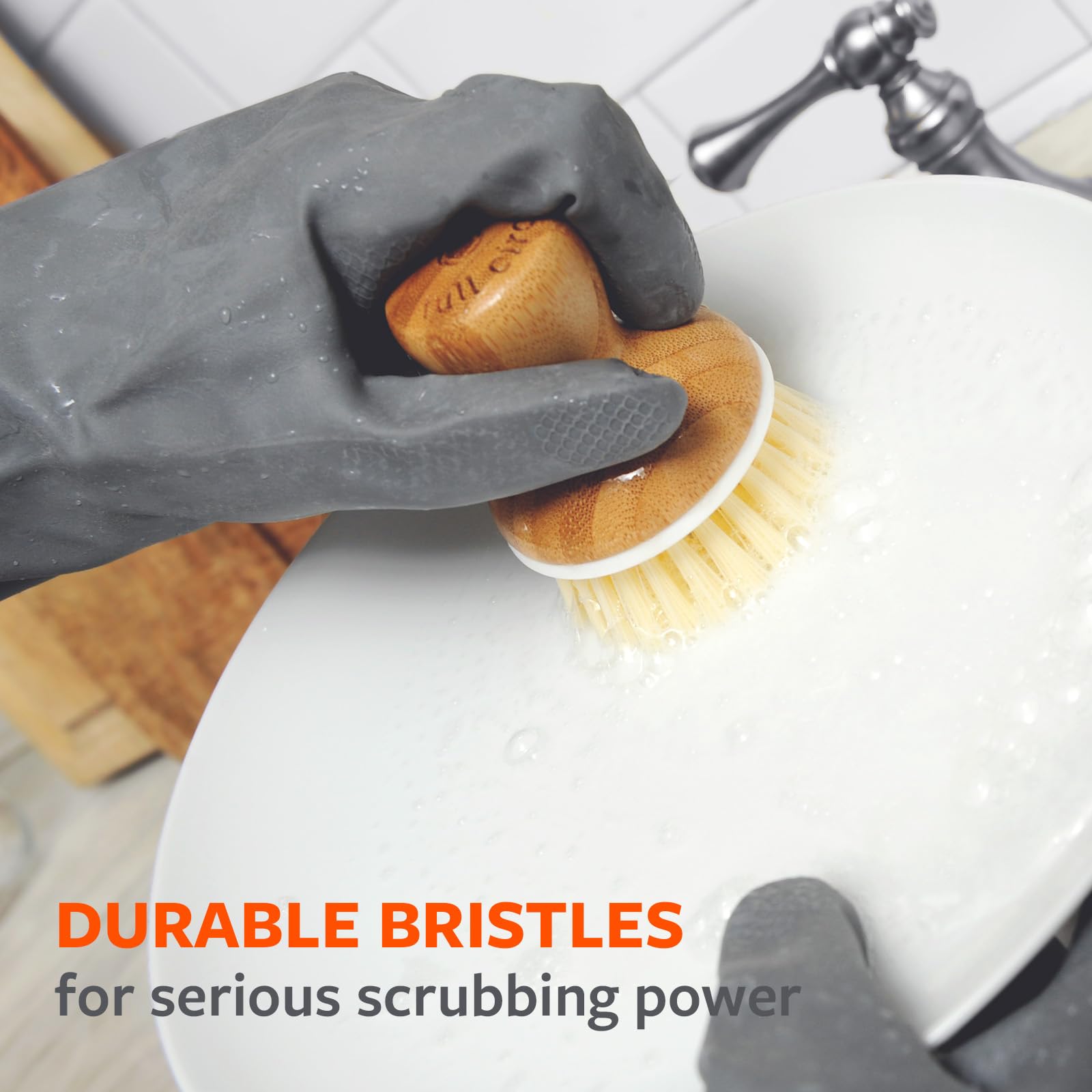 Full Circle Bubble Up Ceramic Soap Dispenser & Bamboo Gray Ergonomic Bamboo Handle  Dish Brush + Dispenser  Grey/White