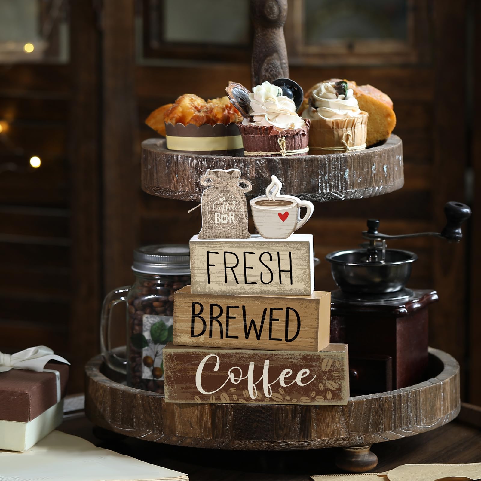 Yuntau 5 Pcs Wooden Coffee Bar Decor Cocoa Tiered Tray Decor Rustic Wood Bar Sign Gift Farmhouse Table Top Centerpiece Stacks Bl