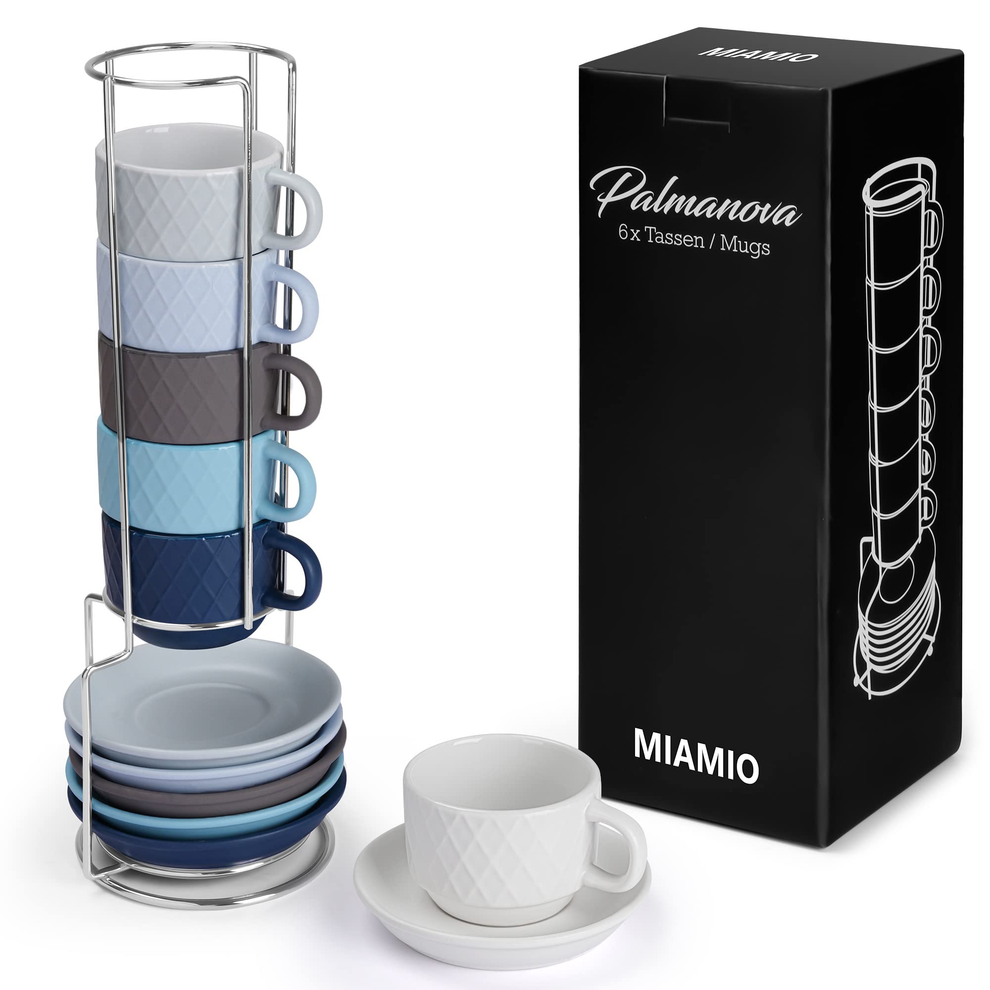 Miamio - 6 X 25 Oz Stoneware Espresso Mug, Cup Set Modern With Stand And Saucers - Palmanova Collection (Ocean Blue)