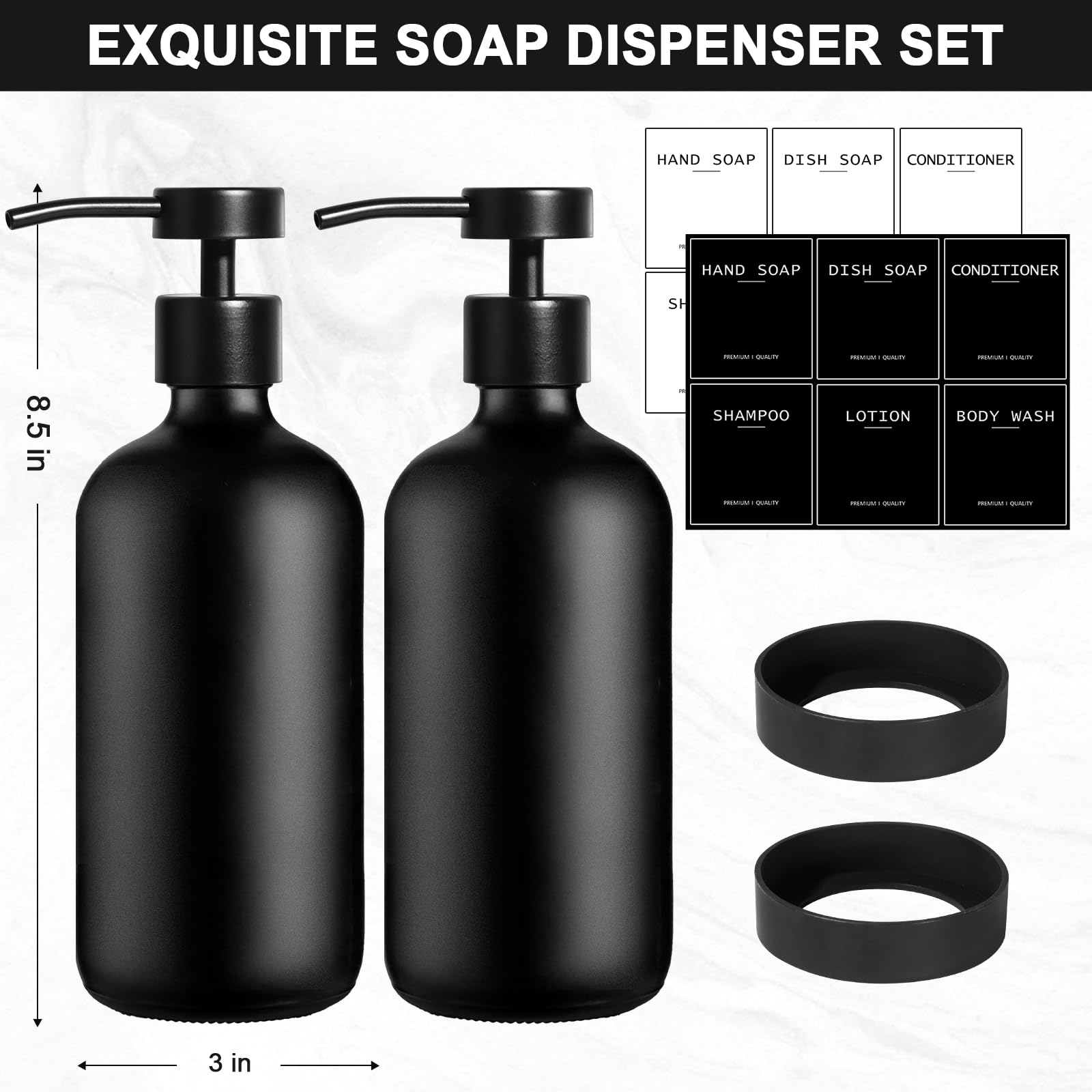 Black Glass Soap Dispenser With Stainless Steel Pump, Kitchen Soap Dispenser Set For Kitchen, Matte Black Hand Dish Soap Dispens