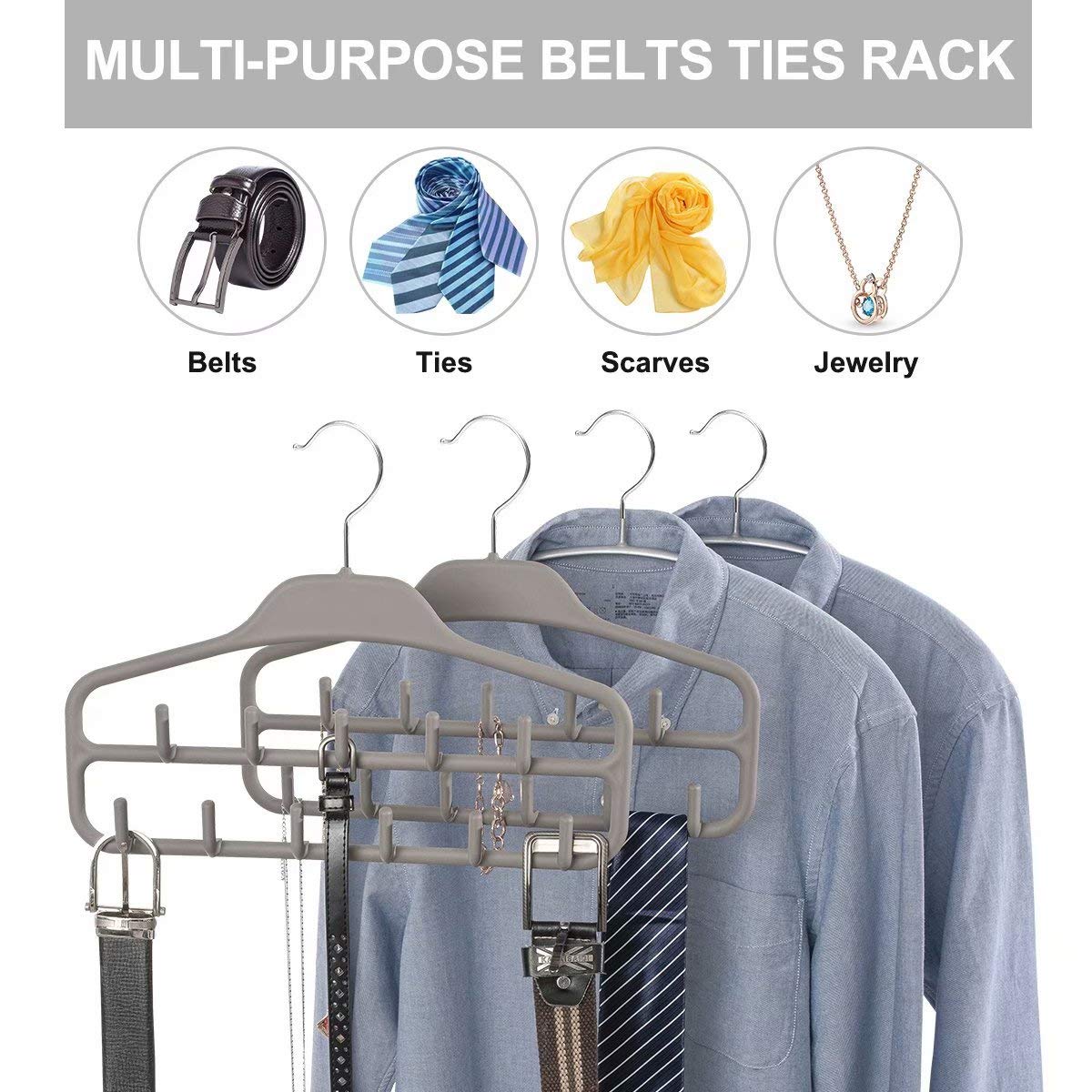 Fairyhaus Belt Hanger Organizer 2 Pack, Non Slip Tie Rack Holder, Durable Hanging Closet Accessory Hooks For Belts, Ties, Jewelr