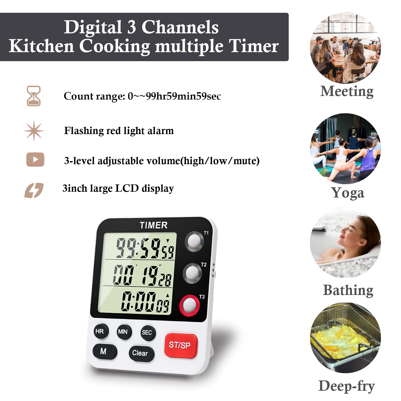 Qinfiey Digital 3 Channels Kitchen Cooking Multiple Timer With Large Lcd Count Up Down Stopwatch On Off Switch Timer For Teachin
