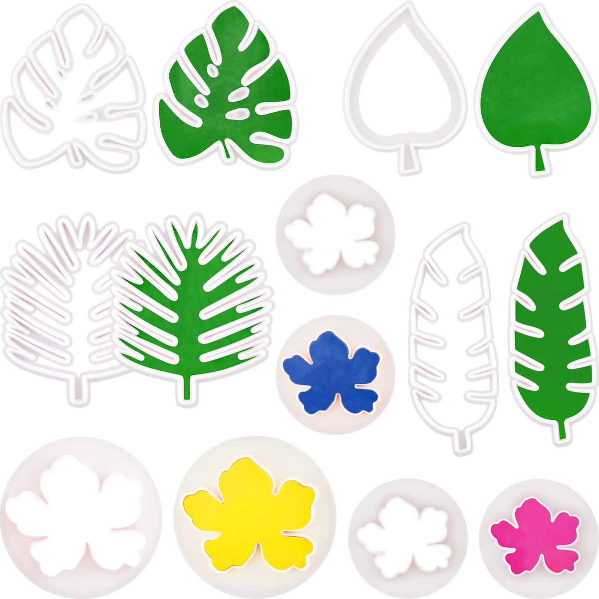 14 Pieces Tropical Leaf Cutters Hawaiian Flower Cutters Plastic Palm Cookie Cutters Flower Leaves Fondant Cutter Palm Cake Embos