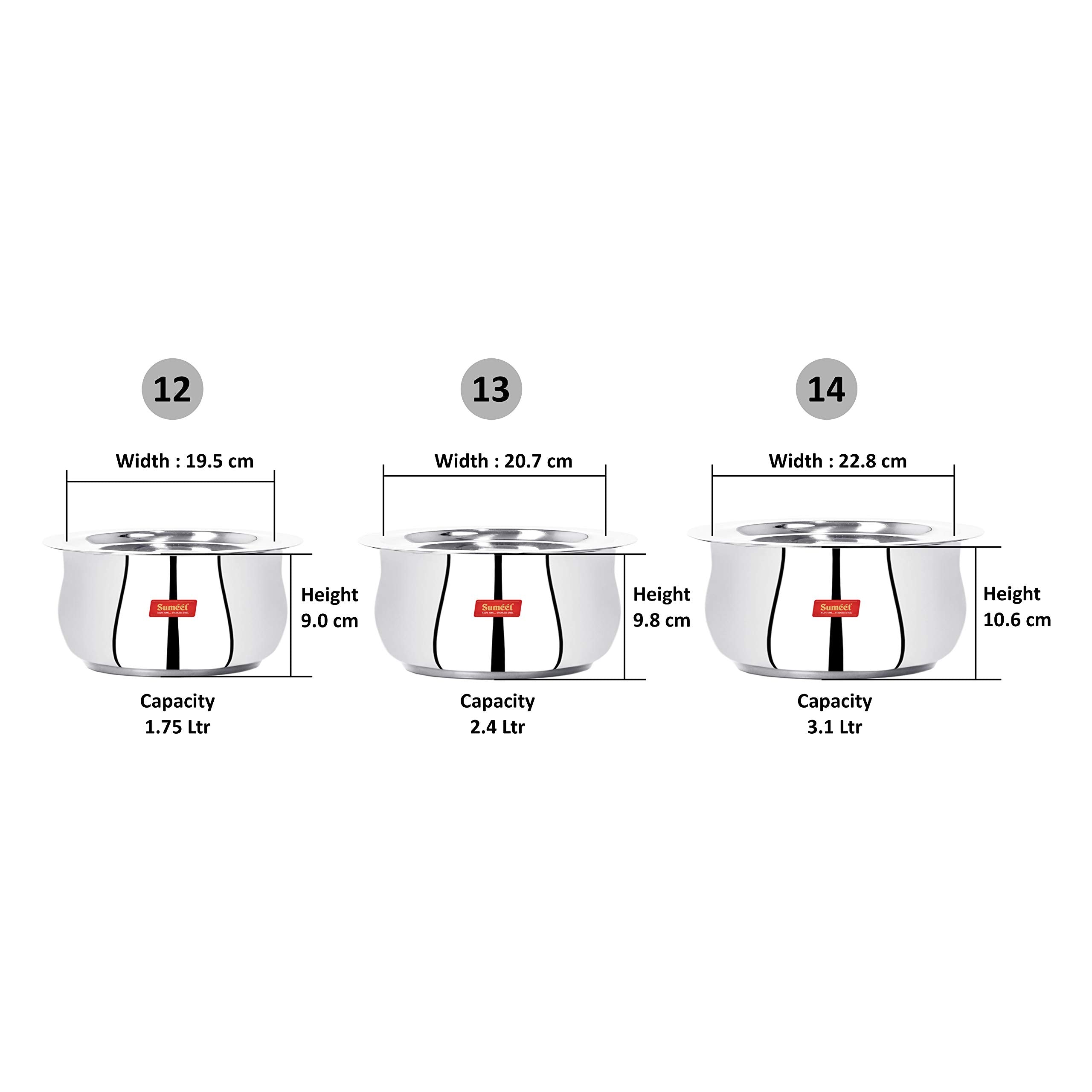 Sumeet 3 Pcs Stainless Steel Induction & Gas Stove Friendly Belly Shape Container Set/Tope/Cookware Set With Lids Size No.12 to