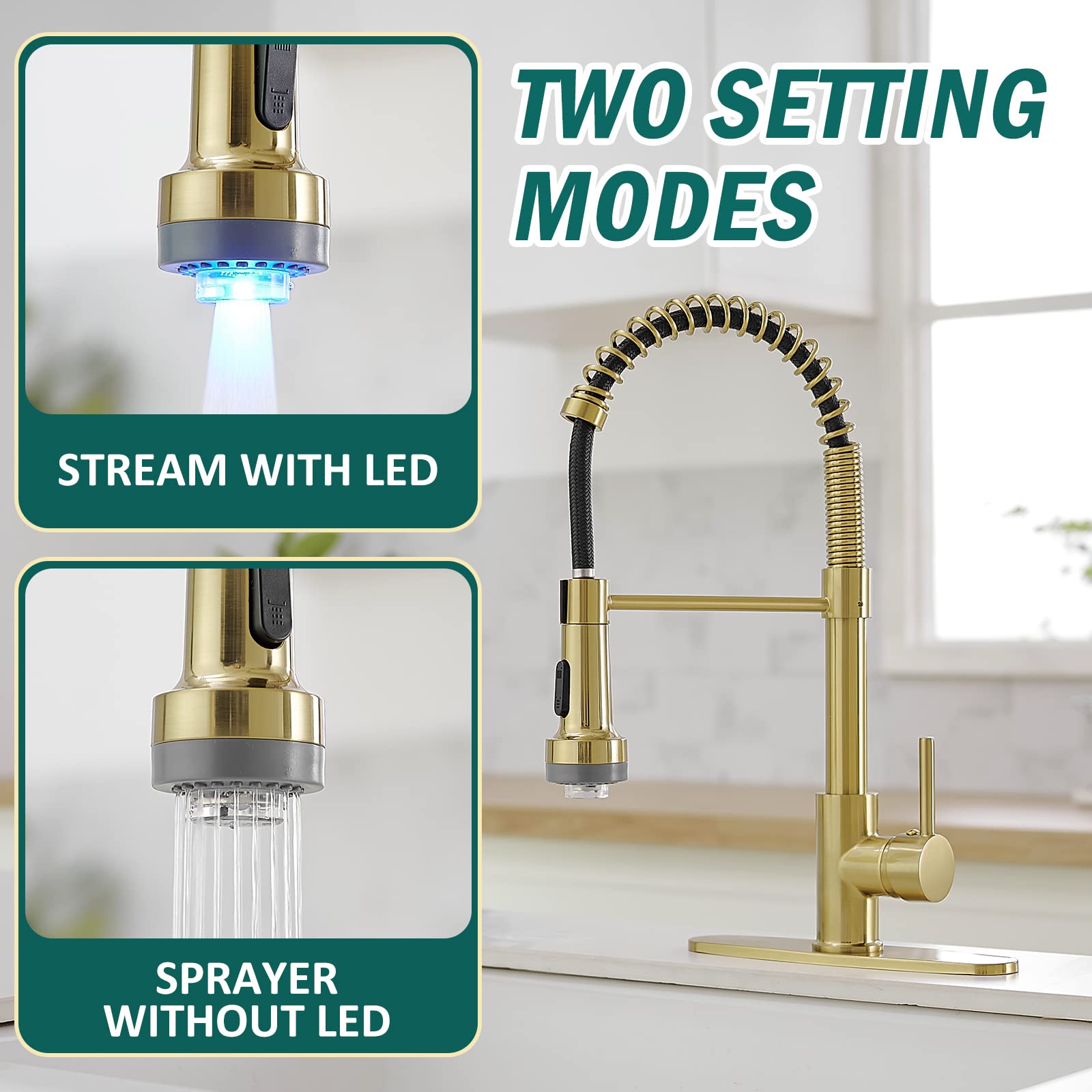 Hoimpro Led Gold Spring Kitchen Faucet With Pull Down Sprayer, Rv Kitchen Sink Faucet With Pull Out Sprayer,2 Function Single Ha
