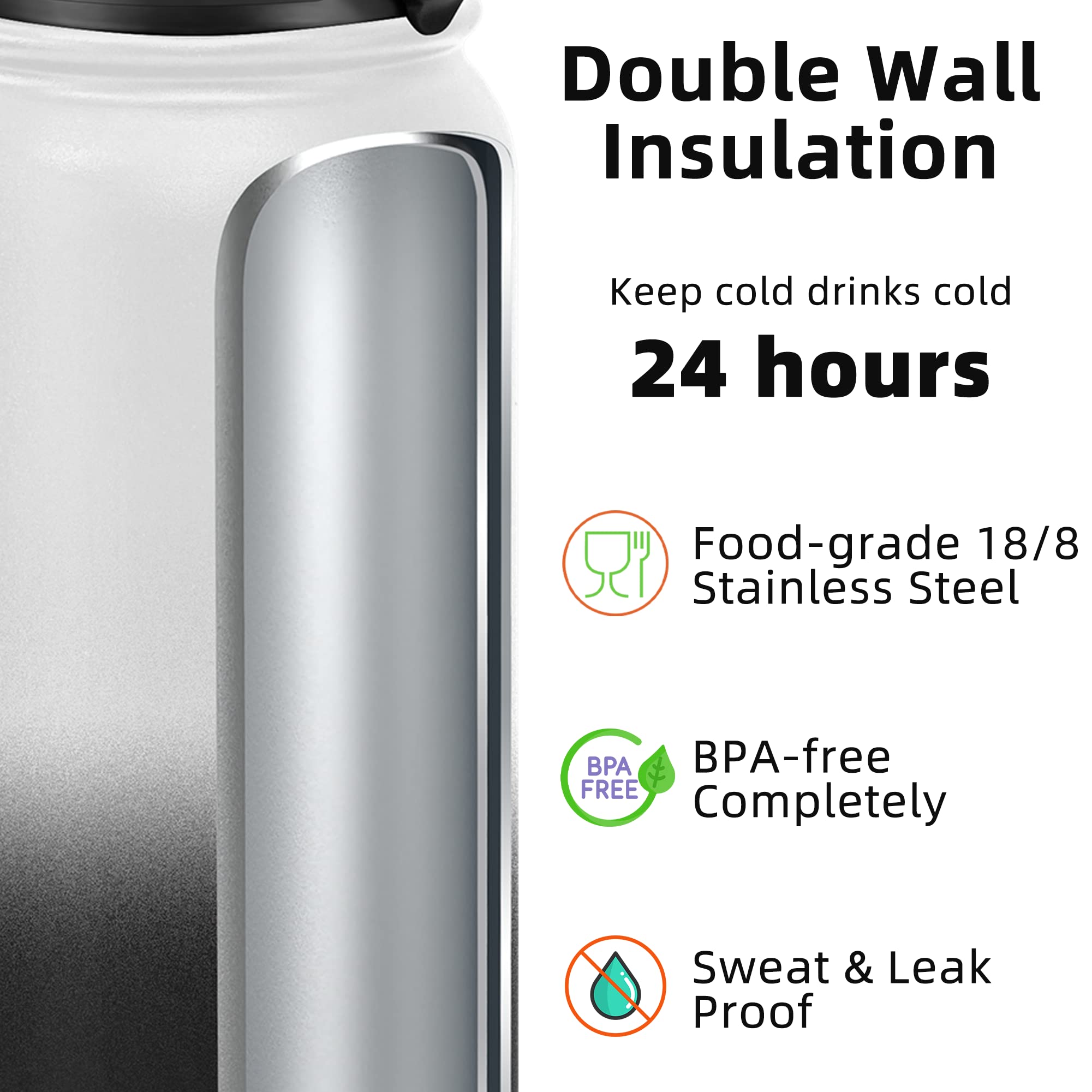 Fanhaw 20 Oz Insulated Stainless Steel Water Bottle With Chug Lid - Leak & Sweat Proof With Anti-Dust Lid (White Black)