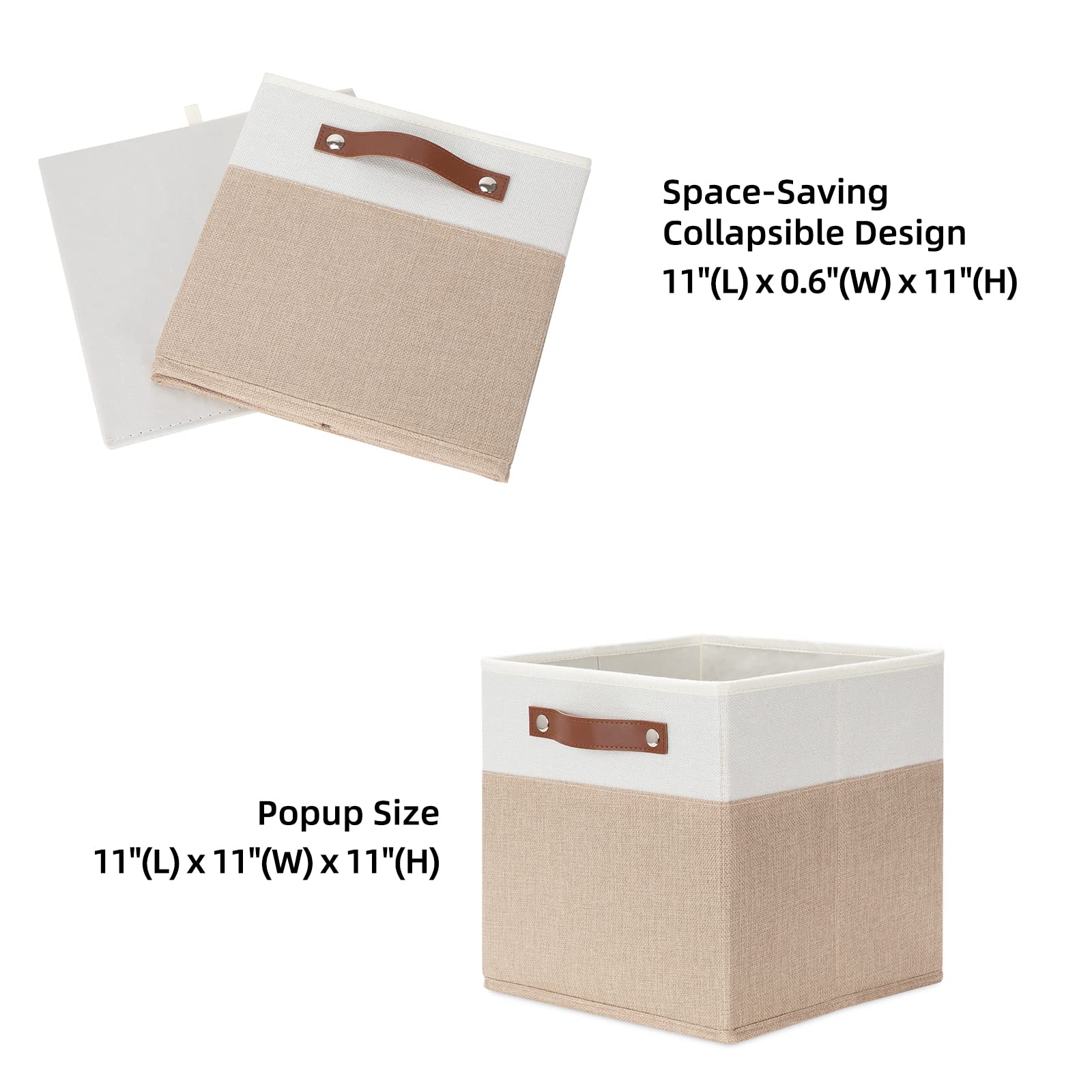 HNZIGE Fabric Storage Baskets Cubes Bins for Shelves  11 x11 Foldable Storage Bins  Decorative Storage Basket with Leather Handles for Storage Clothes Home Nursery(White Beige-4Pack)