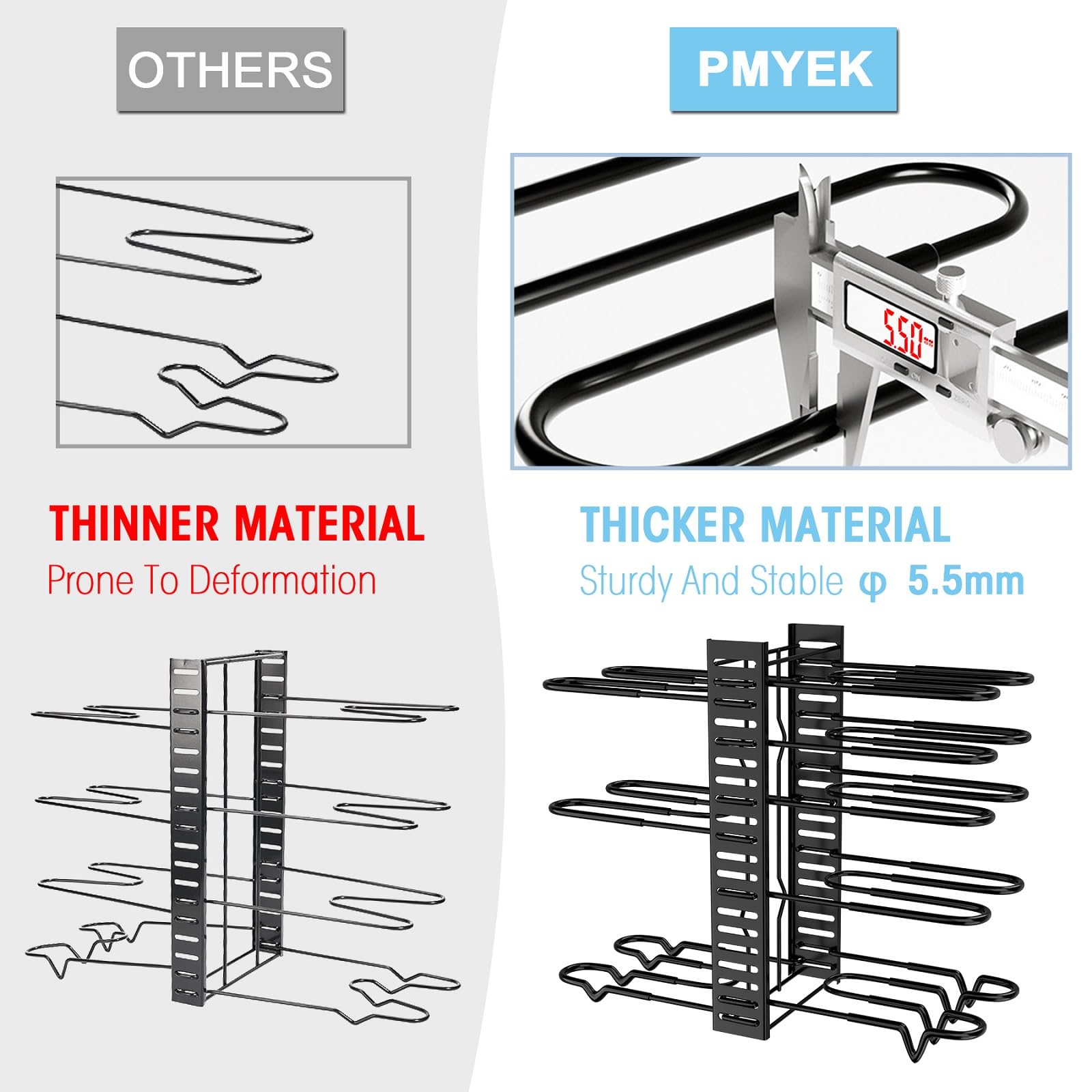 Pmyek Pots And Pans Organizer Rack For Cabinet - 8-Tier Adjustable Rack Heavy-Duty Under Cabinet Pot And Pan Storage - Perfect F
