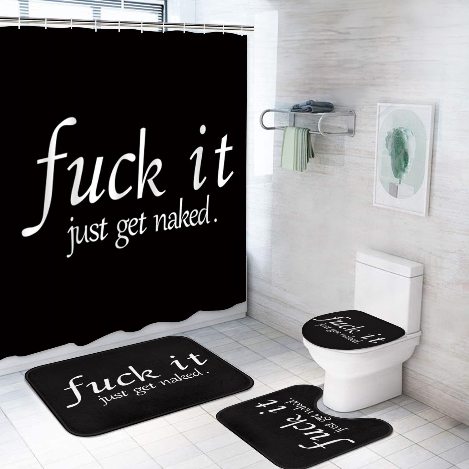 Artsocket 4Pc Funny Get Naked Shower Curtain Sets Bathroom Decor With Rugs, Non-Slip Rug,Toilet Lid Cover, Bath Mat And 12 Hooks