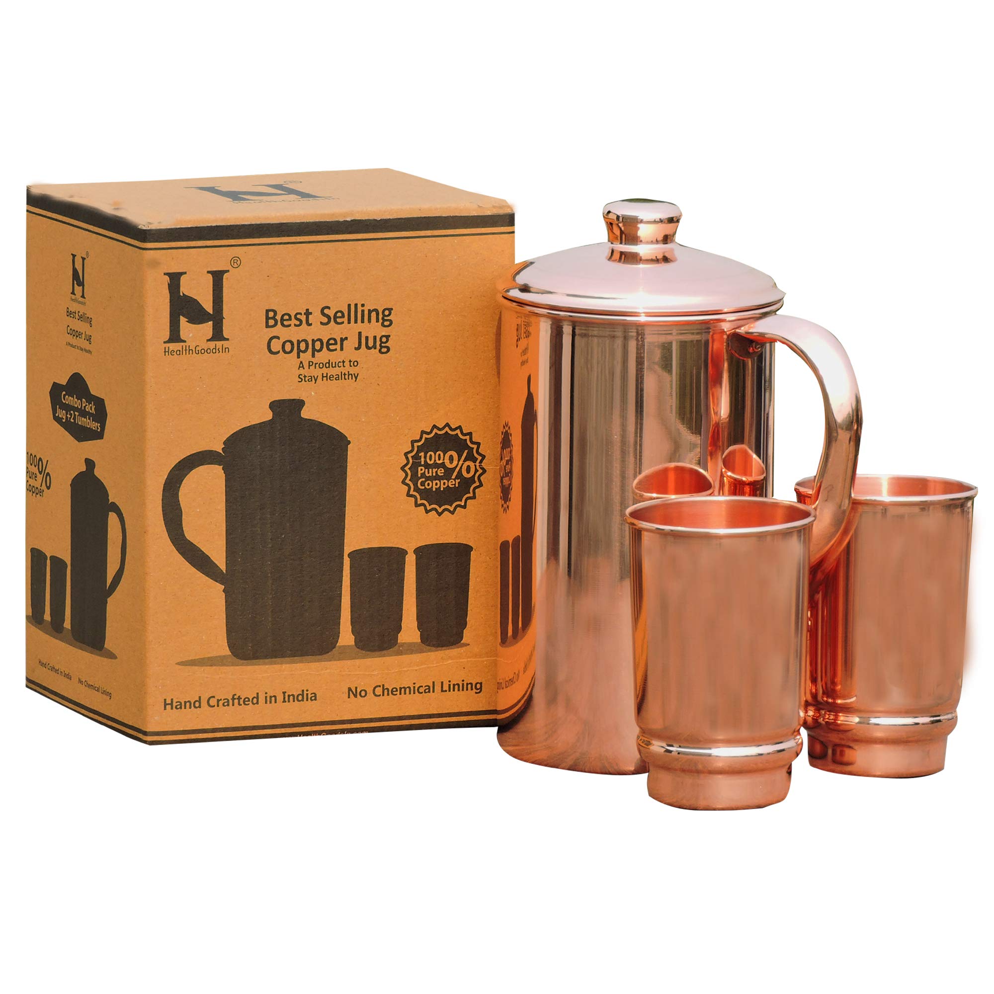 Healthgoodsin - Pure Copper Water Jug With 2 Copper Tumblers | Copper Pitcher And Tumbler For Ayurveda Health Benefits