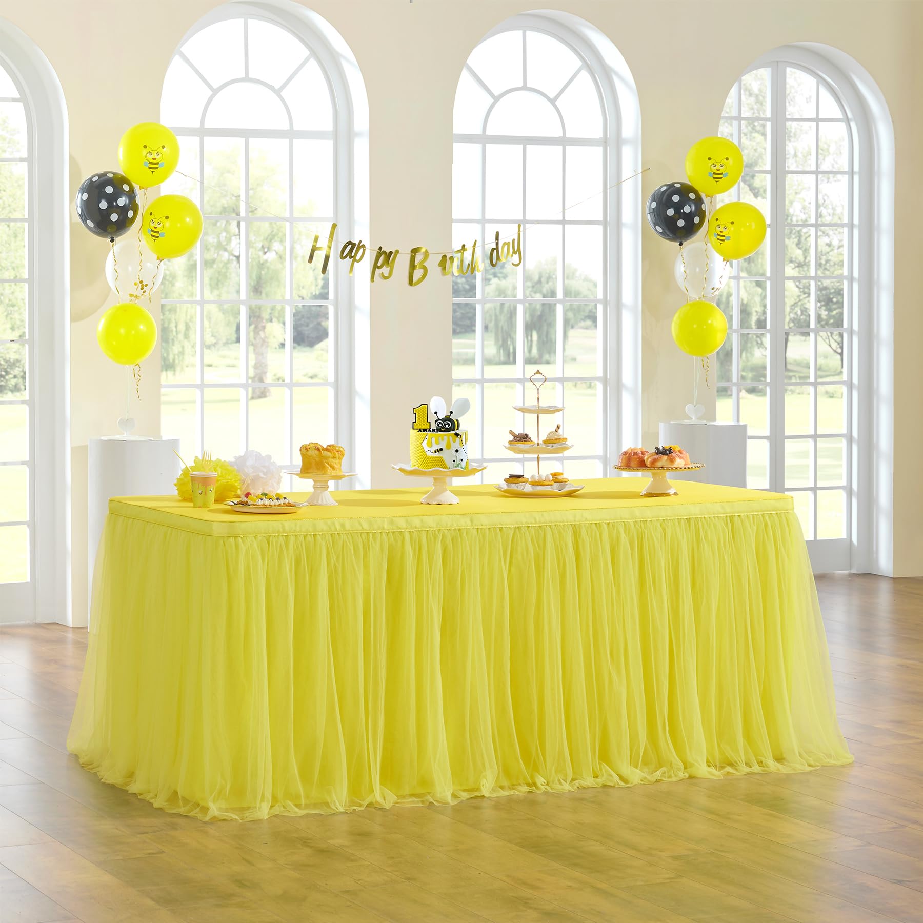 72in Yellow Tulle Table Skirts for Rectabgle Tables 6/4ft, 2-Layer Gold Grim Ruffle Tulle Tutu Cloth Table Skirt 6ft Decor Bee T