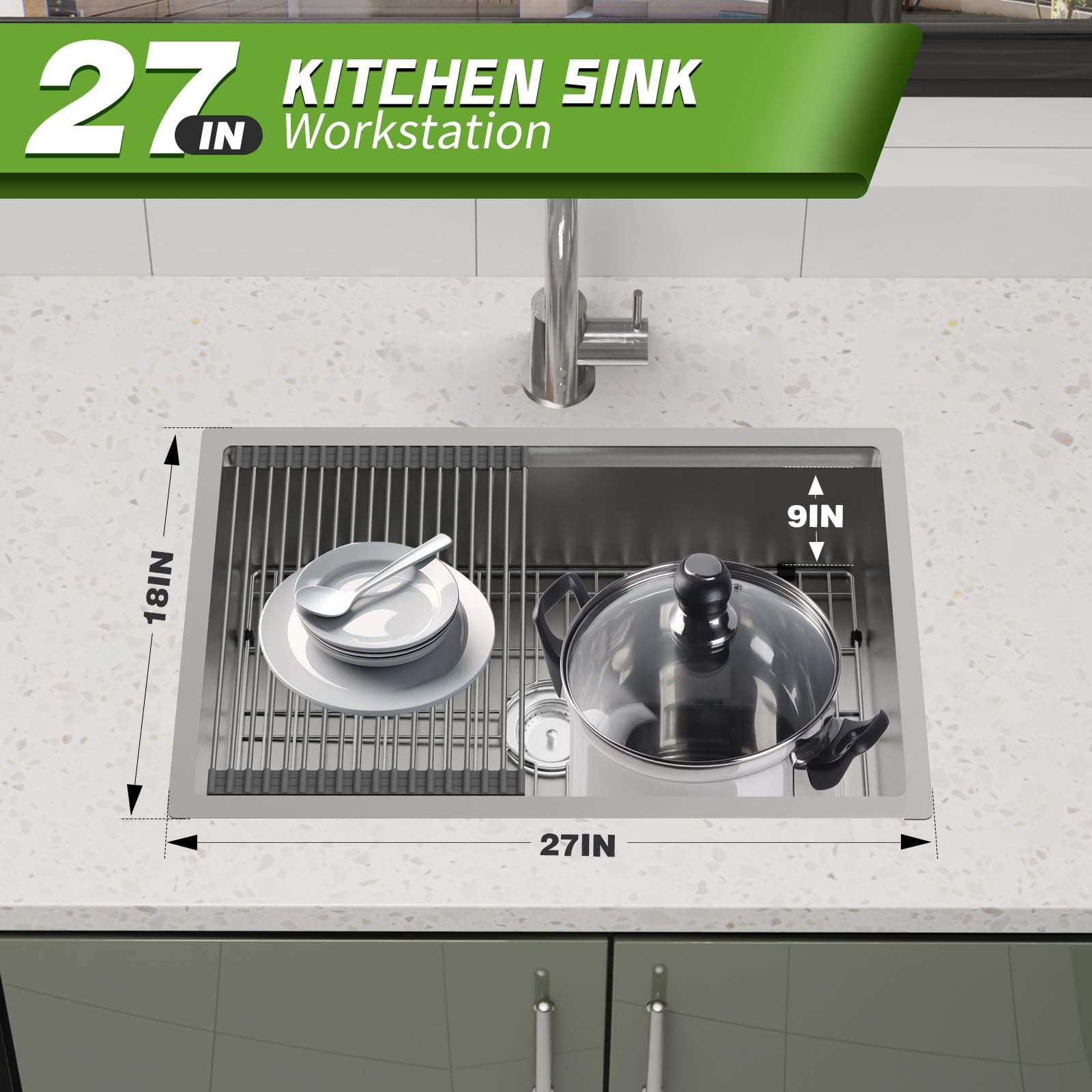 Kitchen Sink Workstation, 27x18 Inch Stainless Steel Drop In Kitchen Sink Modern Undermount Single Bowl Kitchen Sink Gift Combo-