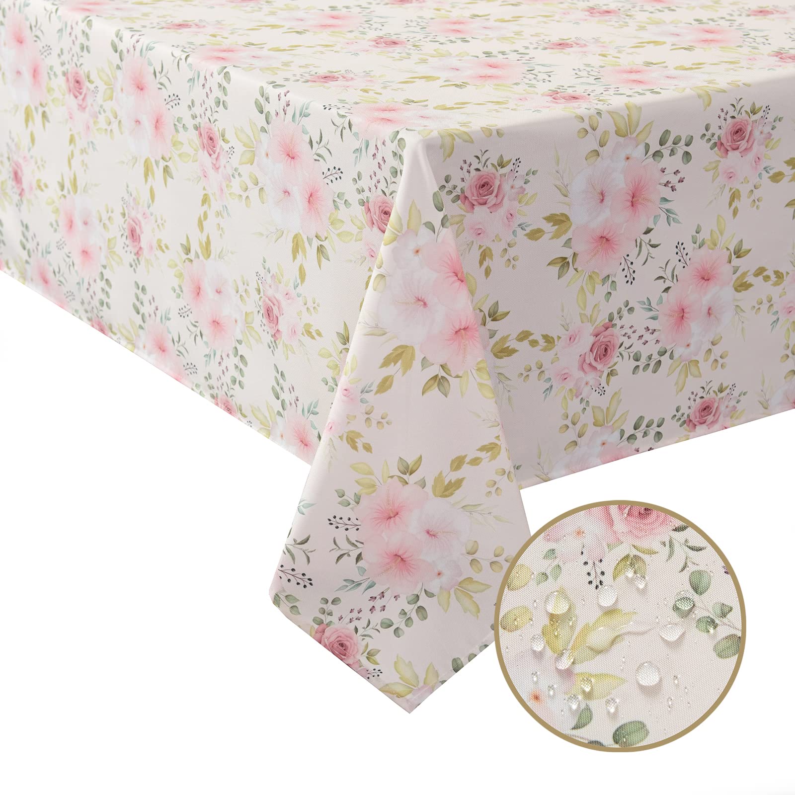 Joyfol Day Flower Tablecloth, Pink Floral Table Cloth For Rectangle Tables,Waterproof Resistant Rose Table Cover For Valentines,