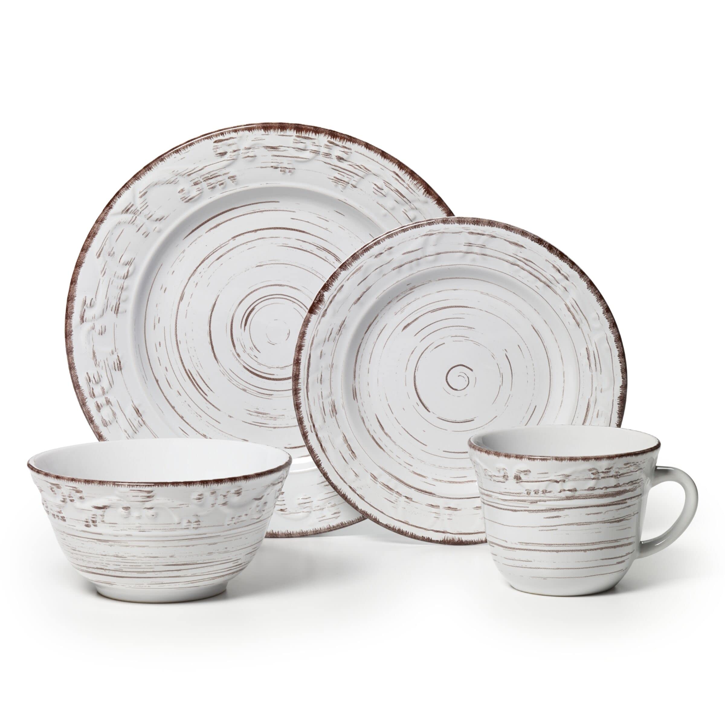 Pfaltzgraff Trellis White 16-Piece Dinnerware Set, Service for 4, Distressed White