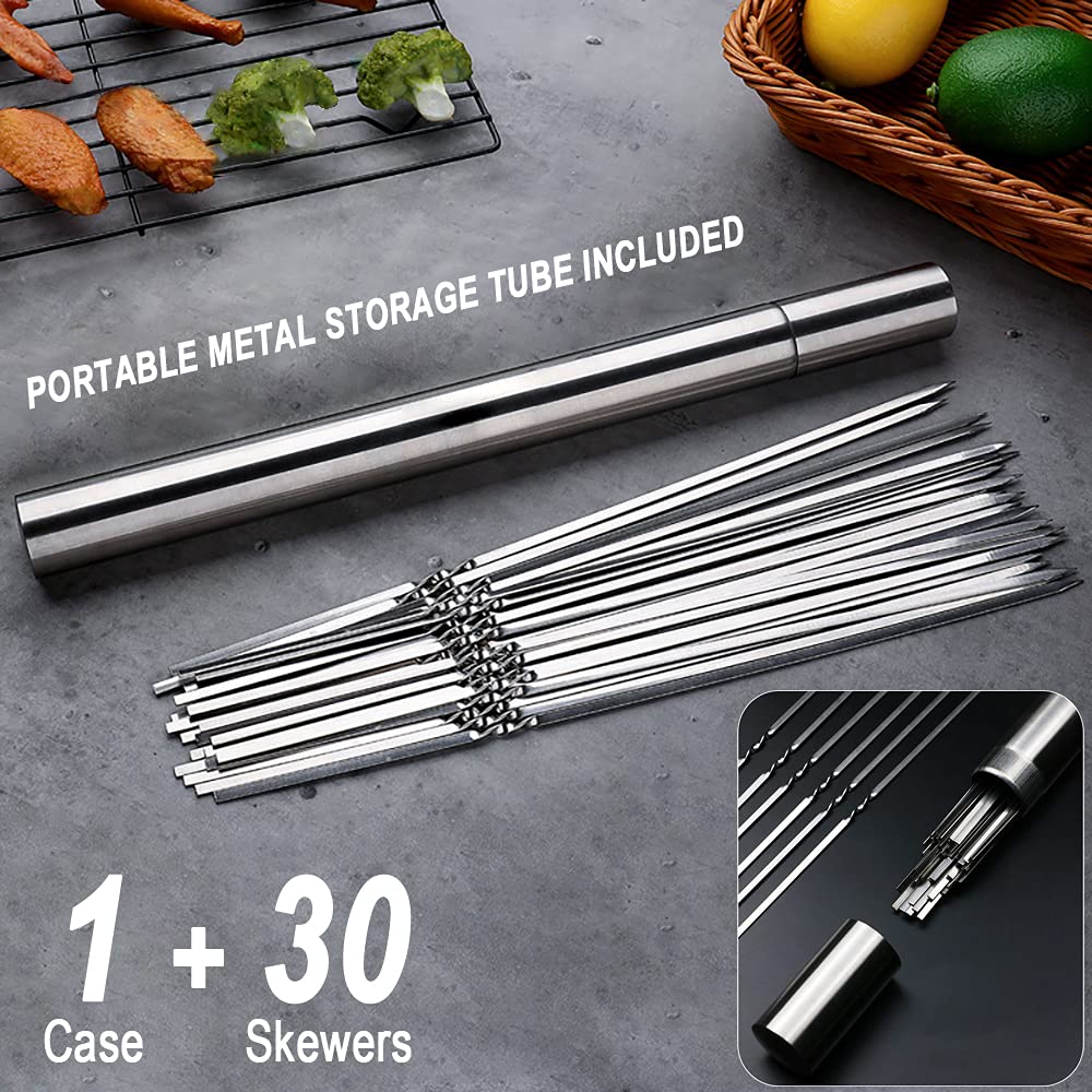 Centerz 30 Pack Kebab Skewers, 15'' Long Flat Stainless Steel Bbq Shish Kabob Skewers With Portable Metal Storage Tube, Reusable