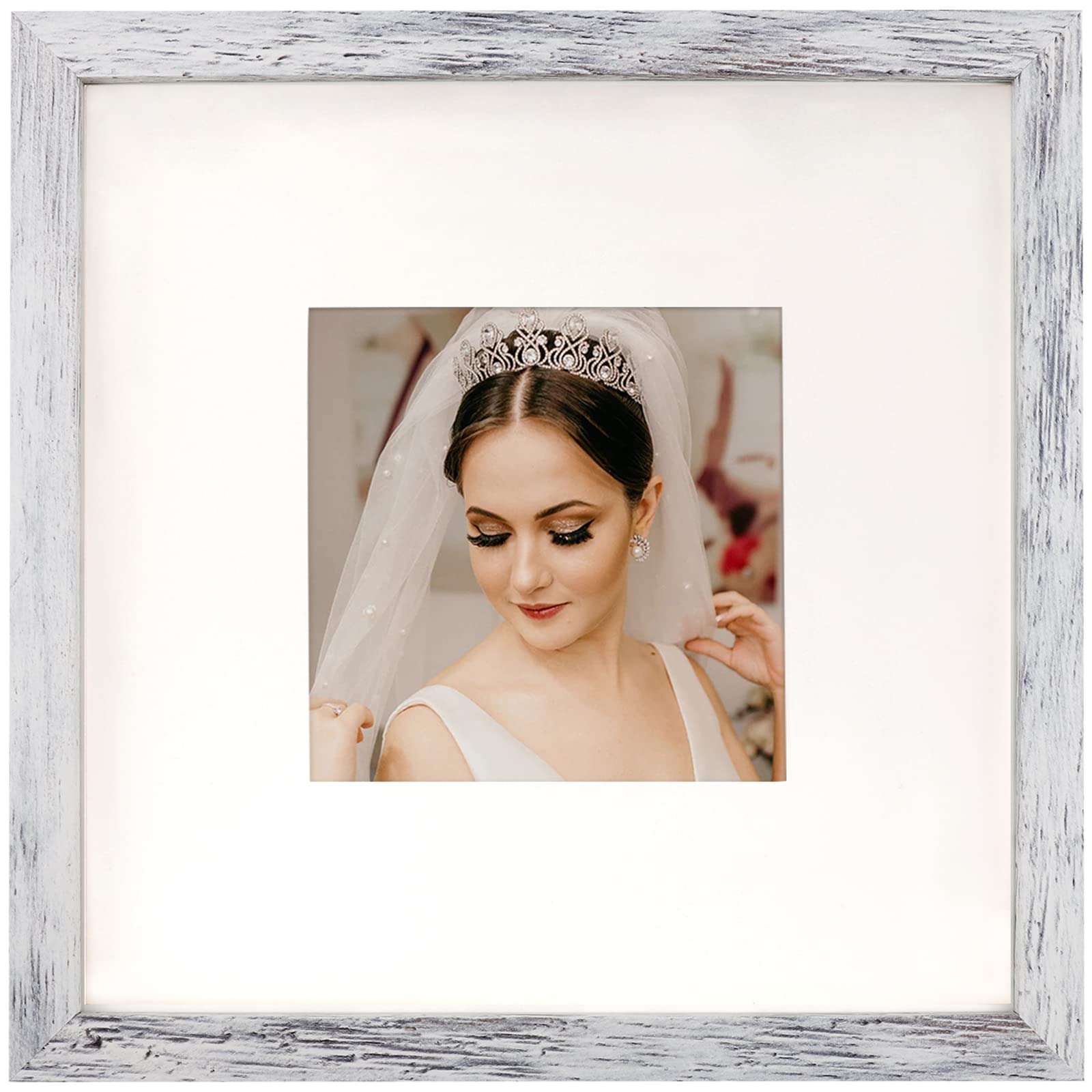 ORIVAN 8x8 Picture Frame Wood Display Picture 4x4 with Mat or 8x8 without Mat Distressed White Square Photo Frame for Wall and T