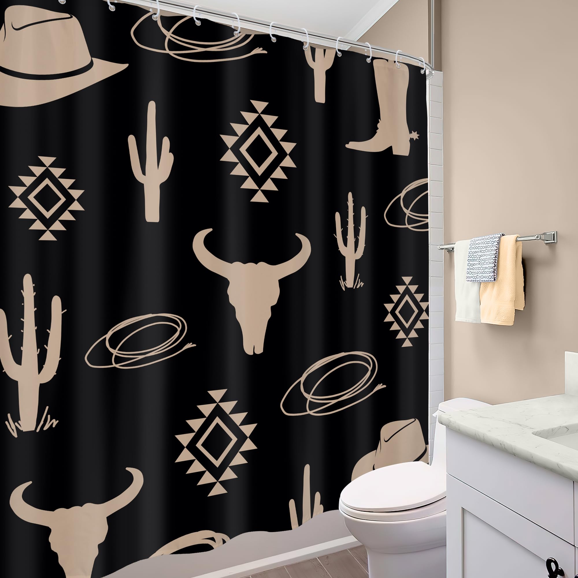 Mitpok Boho Western Bull Skull Shower Curtain 60Wx72H Farmhouse Retro Cow Head Desert Longhorn Black Cactus Southwestern Vintage