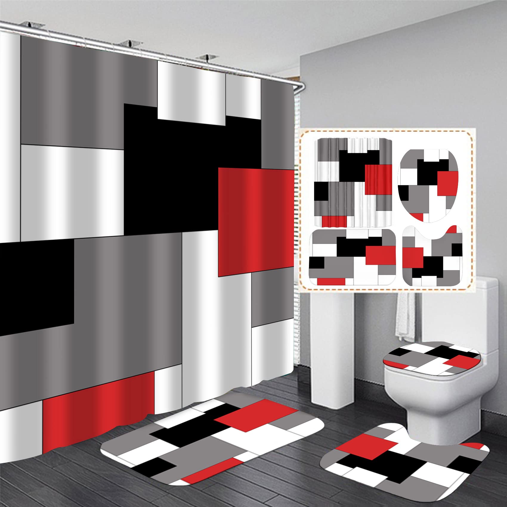 Yizheer Geometric Red Shower Curtain Sets With Non-Slip Rugs,Toilet Lid Cover And Bath Mat, Black And Gray Bathroom Decor Set Ac