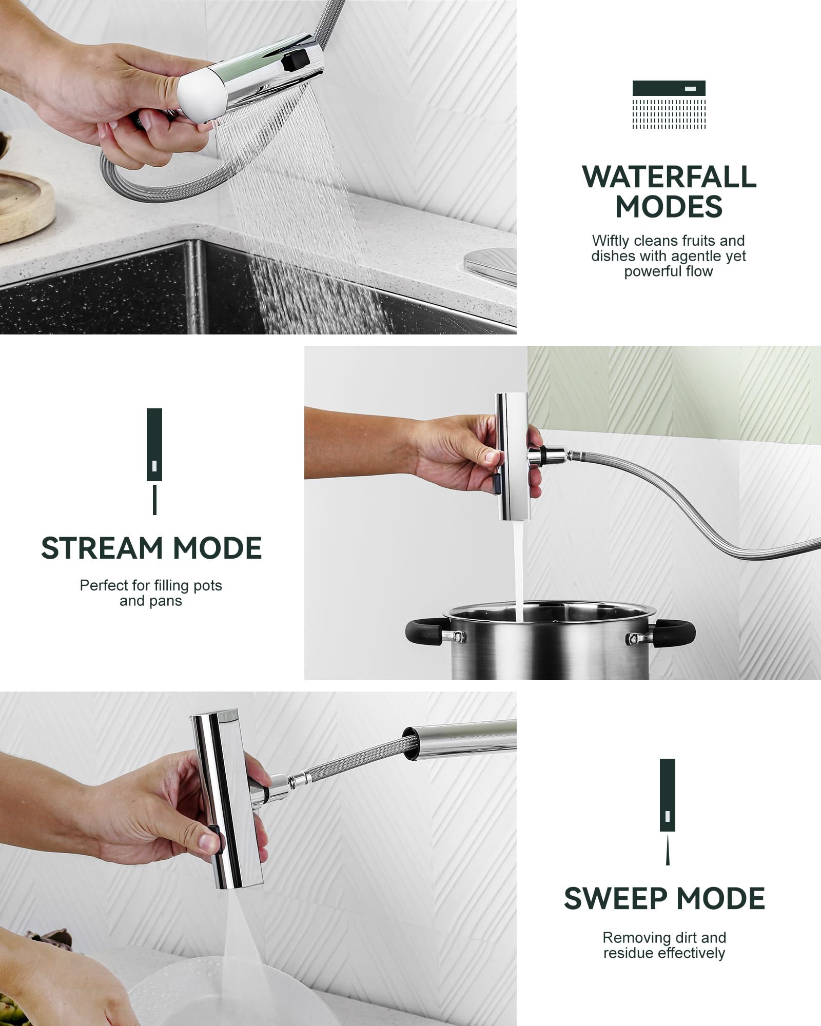 Waterfall Kitchen Sink Faucet With Sprayer: 3 Modes(Waterfall/Stream/Sweep) Pull Down Sprayer - Iviga Chrome Splash Proof Sink F