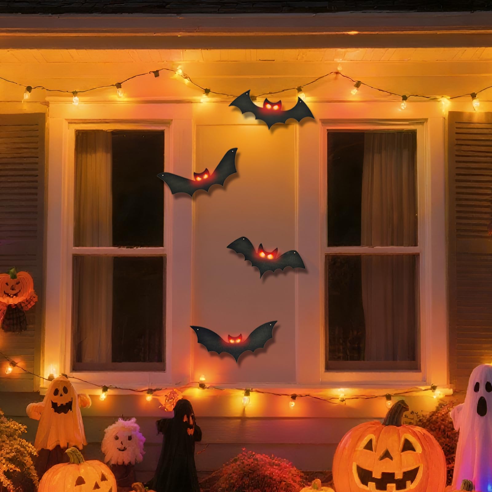 Lighted Halloween Hanging Bats, 4 Packs Halloween Decorations Outdoor Scary Large Black Hanging Flying Bat with LED Lights Spook