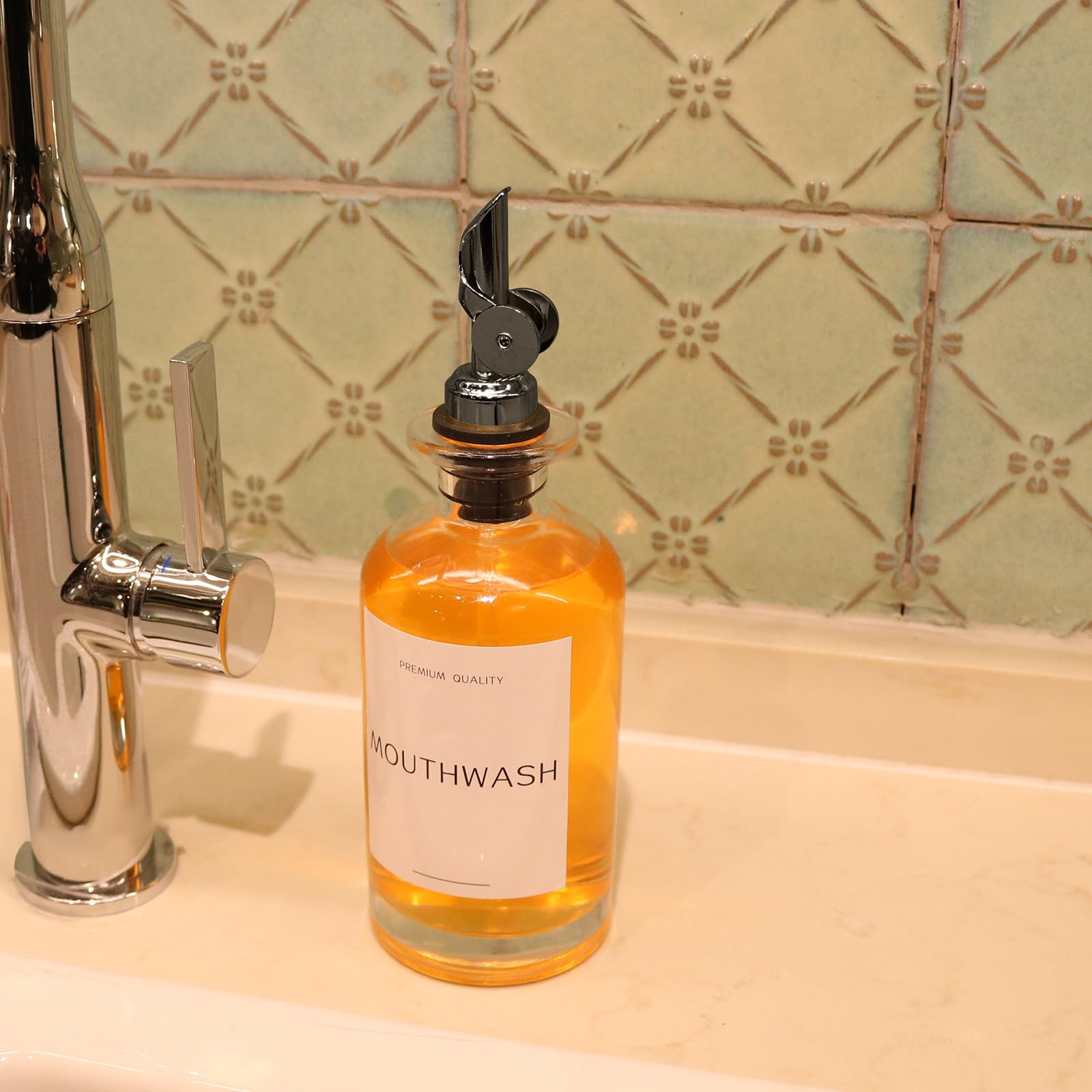 Mouthwash Dispenser For Bathroom, Clear Glass Mouth Wash Container With Stainless Steel Pour Spout, Refillable Mouthwash Bottle