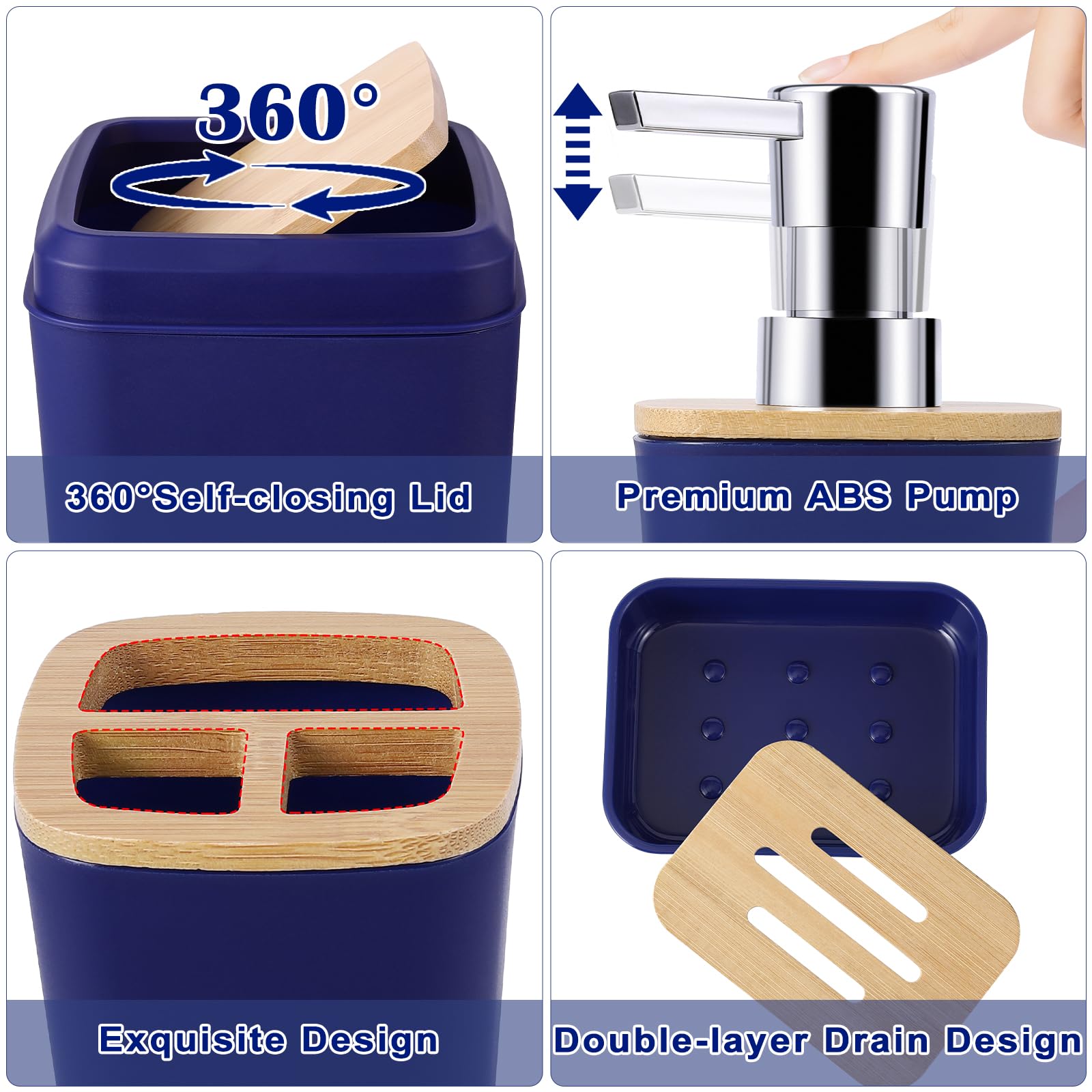 Bathroom Accessories Set, 9 Piece Navy Blue Bathroom Accessory Set With Trash Can,Toothbrush Holder,Toothbrush Cup,Lotion Soap D