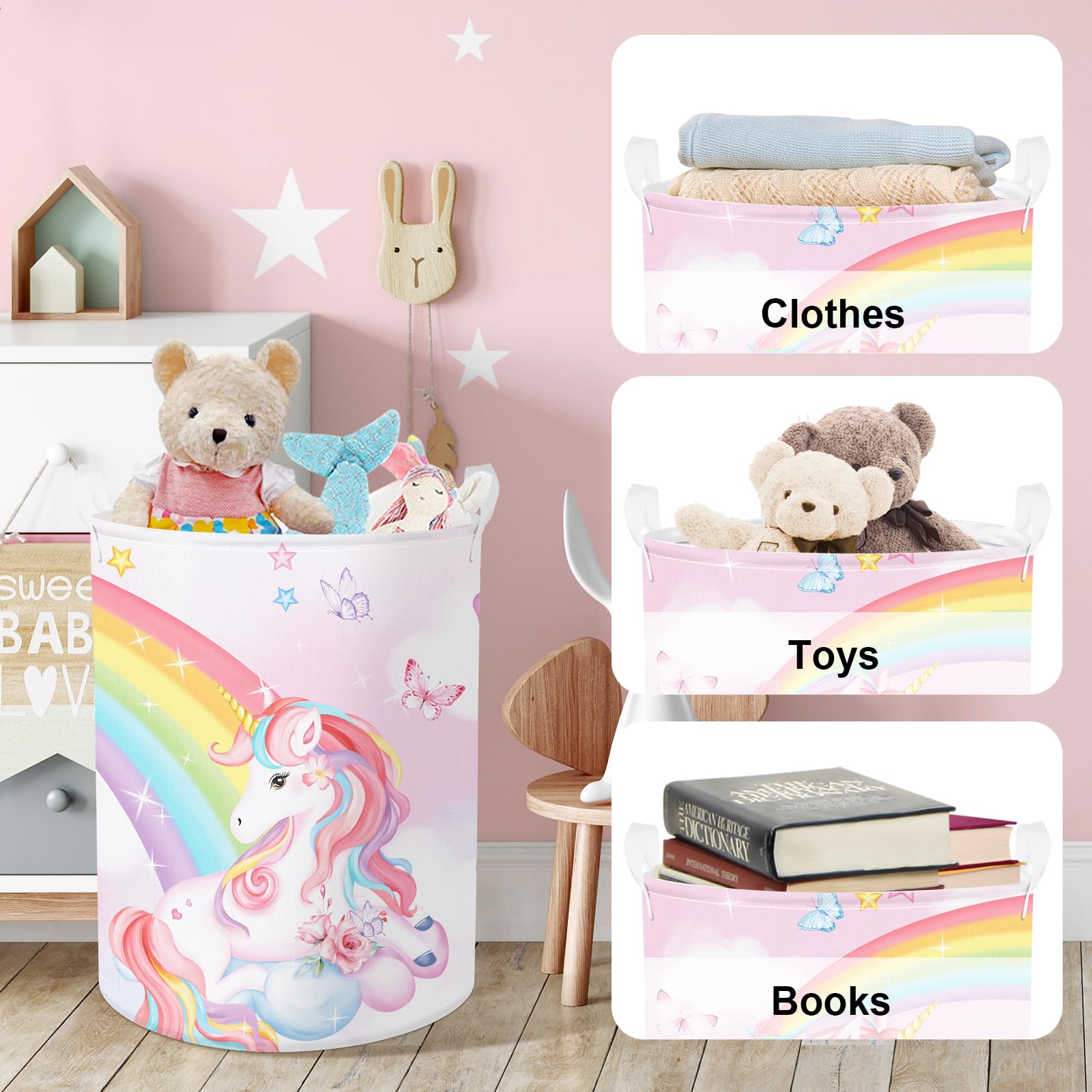 Clastyle Large Rainbow Unicorn Kid Laundry Hamper For Girl Collapsible Pink Flower Clothes Toy Storage Basket With Lid For Nurse