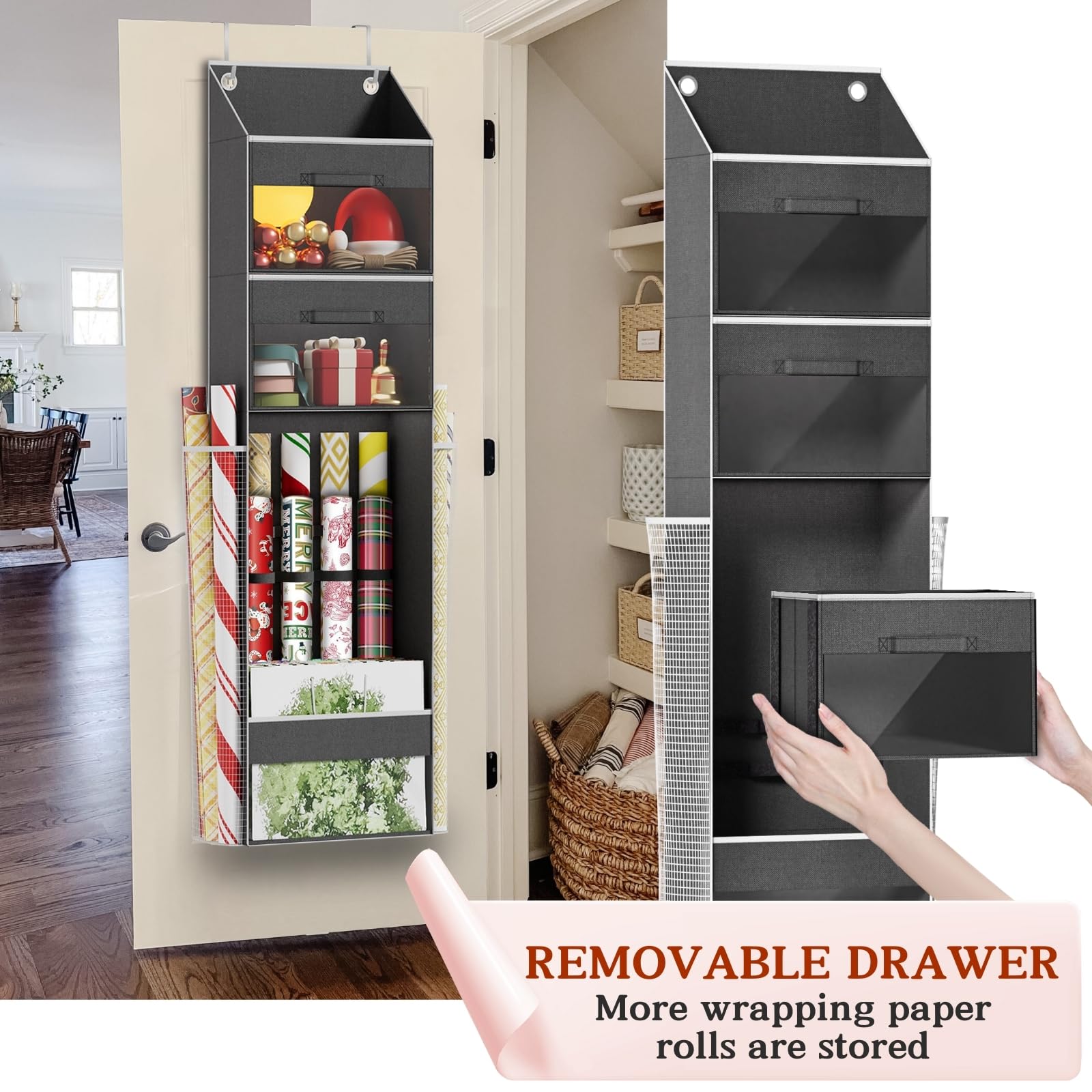 Over Door Wrapping Paper Organizer Storage with 3 Removable Drawers & Side Pockets - Dual Use Design with Elastic Straps - Chris
