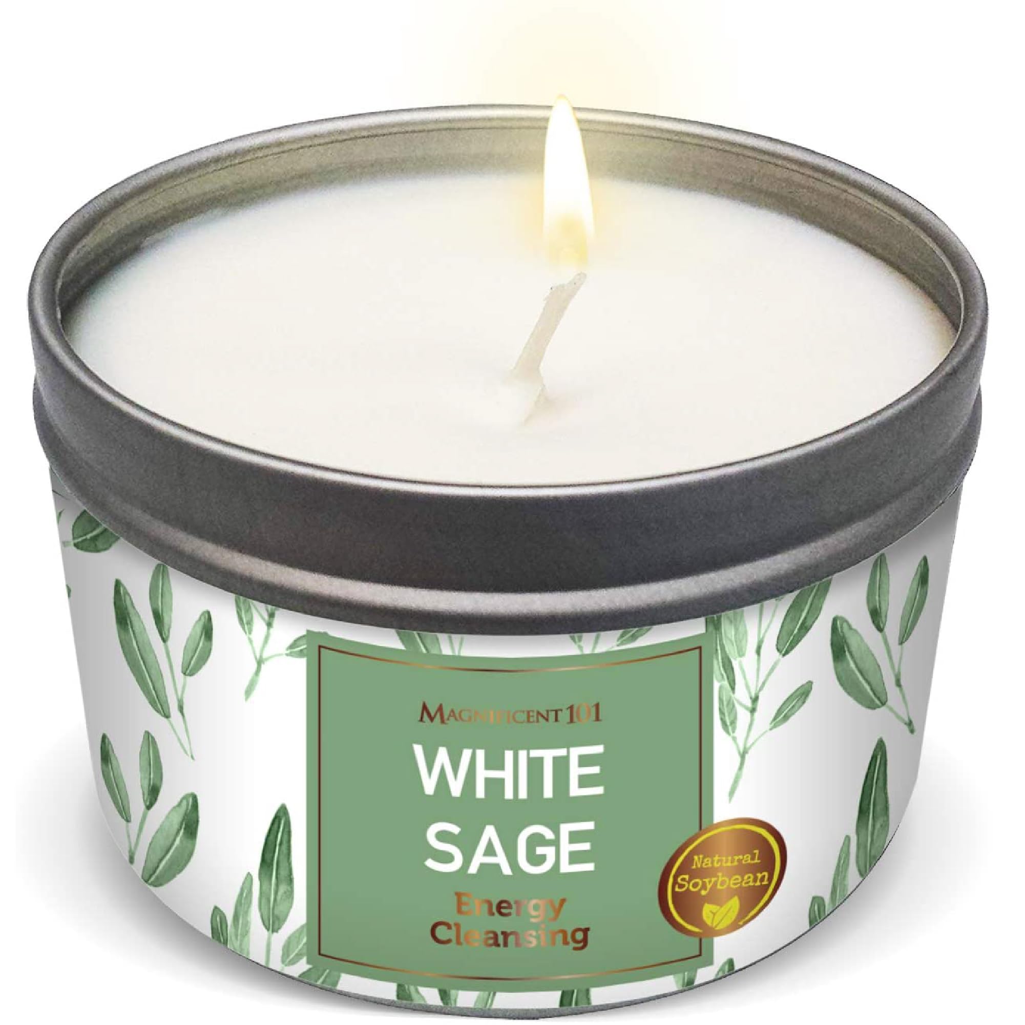Magnificent 101 Long Lasting Pure White Sage Scented Smudge Candle | 6 Oz - 35 Hour Burn | Paraffin Free Soy Wax Candle for Hous