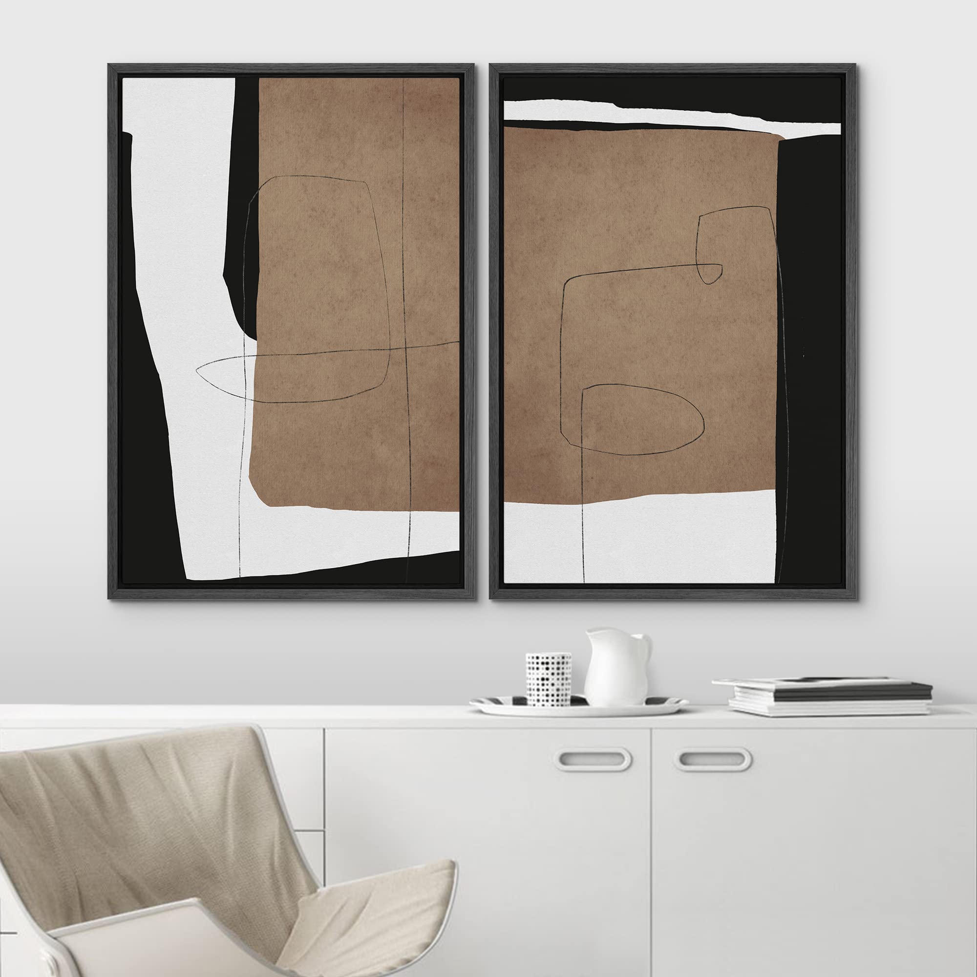 Idea4Wall Framed Canvas Print Wall Art Set Mid-Century Color Block Landscape Abstract Shapes Illustrations Minimalism Decorative