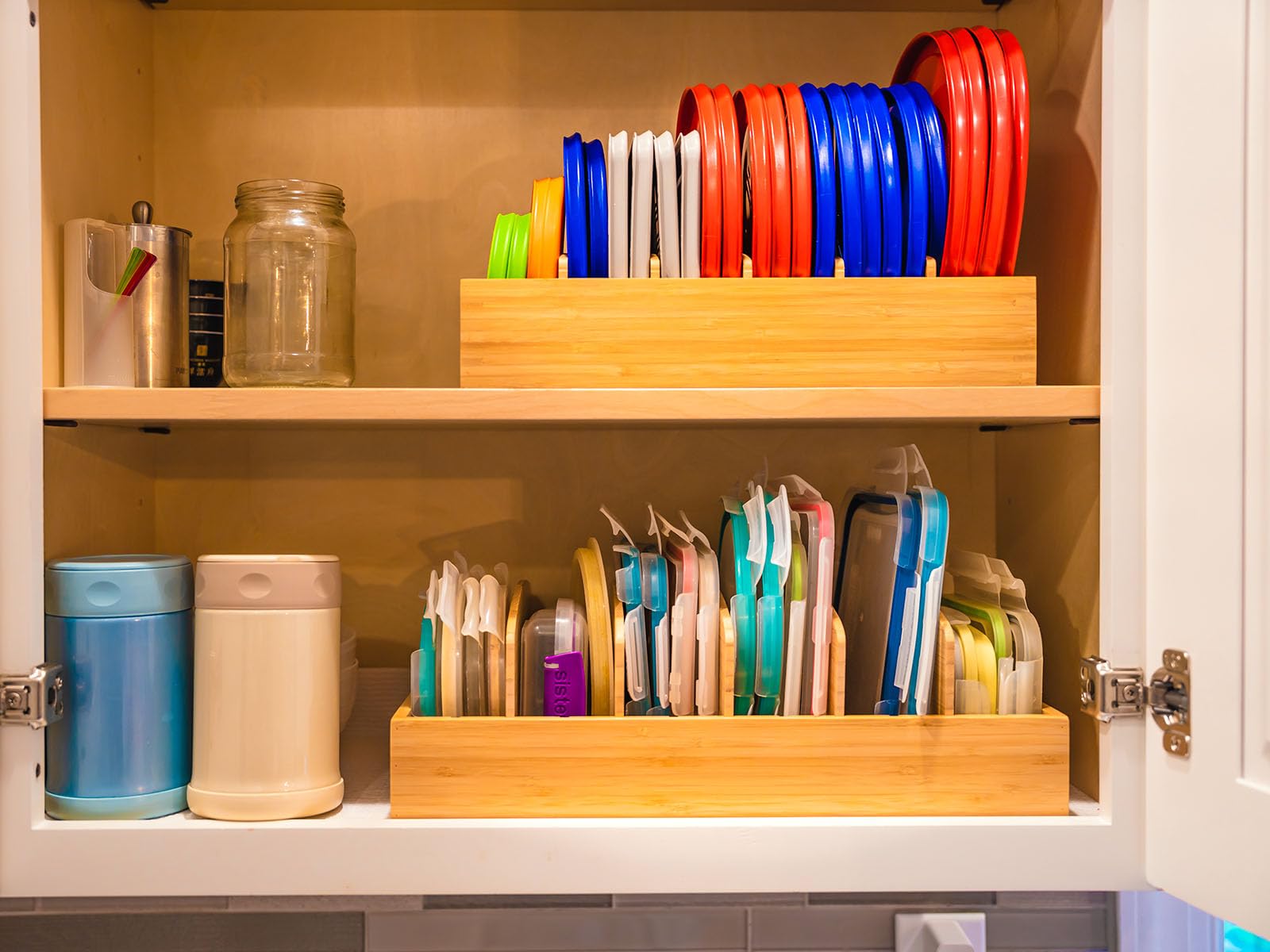 Umilife Kitchen Cabinet Organizer For Food Storage Container Lids, With Adjustable Dividers, Bamboo Drawer Caddy, Box For Kitche