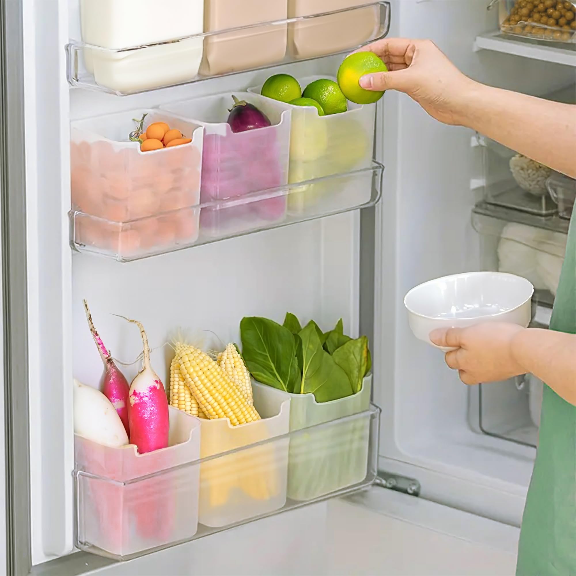 Mollishomes Fridge Storage Boxes  Set Of 6 With Drain Tray, Stackable Plastic Container | 1.5L Capacity, Transparent Grey, Idea